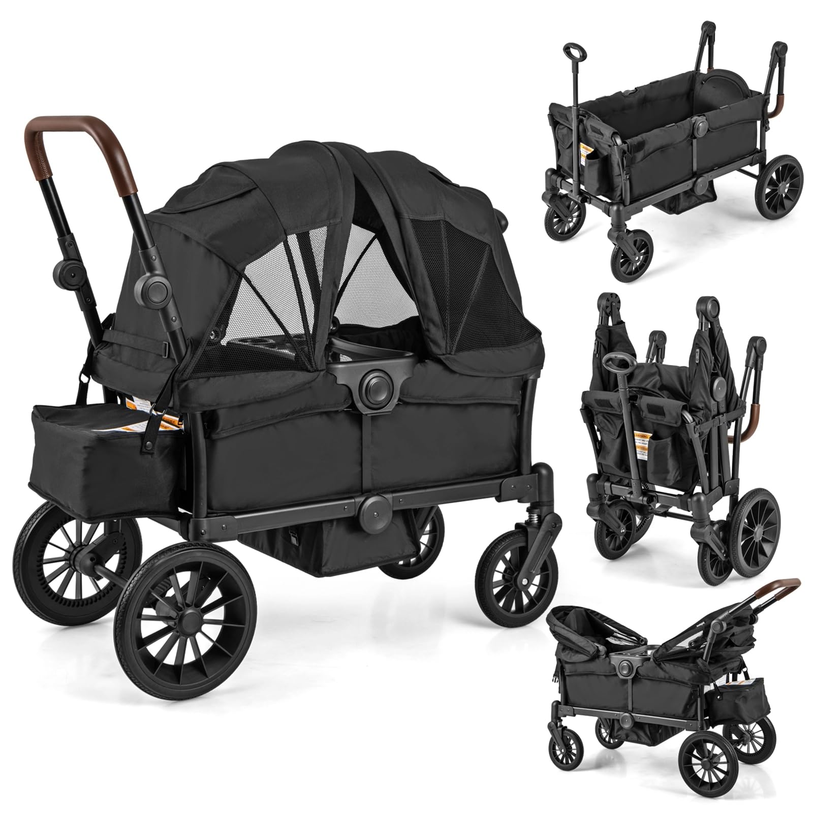 Wagon Stroller for 2 Kids, Collapsible Adjustable Push Pull Handle Bar, 2 Seater Stroller Wagon with Removable Canopy Snack Tray, Comfortable Drop-Down footwell and Upholstered Seats (Black)
