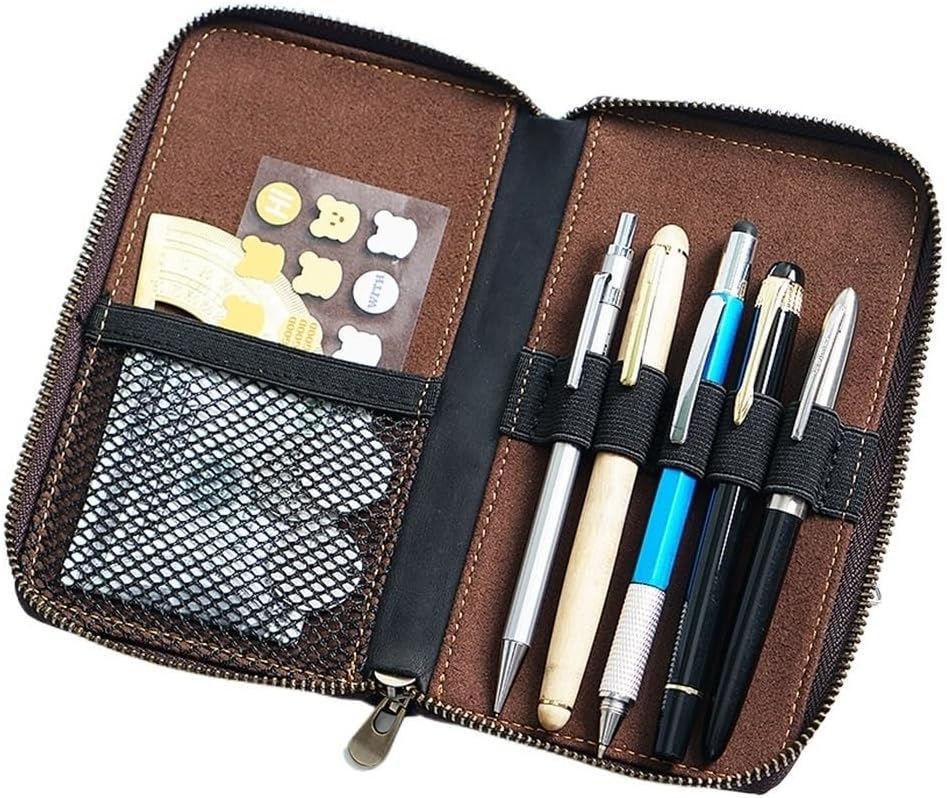 Leather Zipper Pen Storage Bag Vintage Cowhide Multi Large Capacity Box Stationery