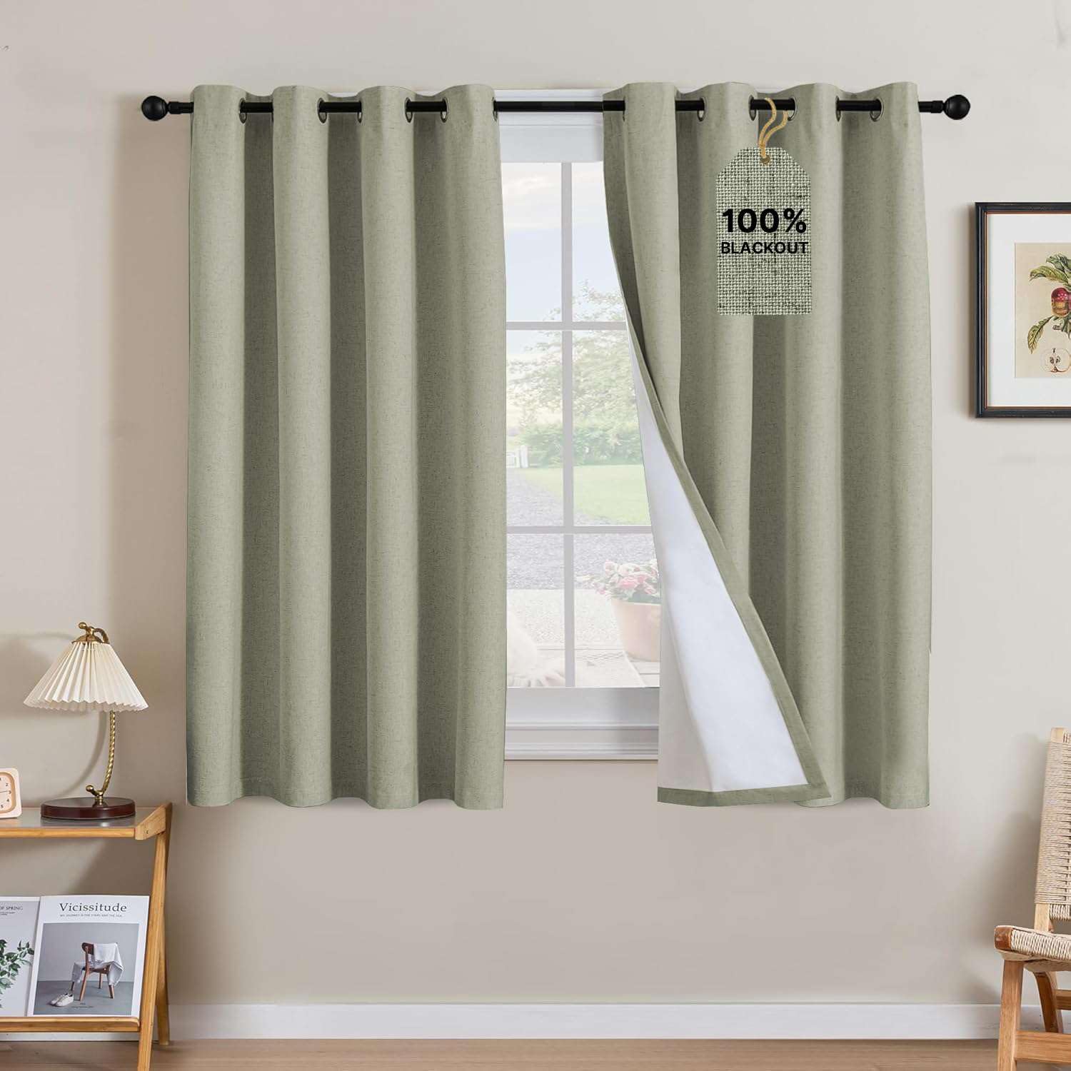 H.VERSAILTEX Linen Curtains 100% Blackout Curtains for Bedroom 54 inch Long Full Light Blocking Nature Linen Blended Window Curtains for Living Room Nickel Grommet (2 Panels, Heathered Tea)