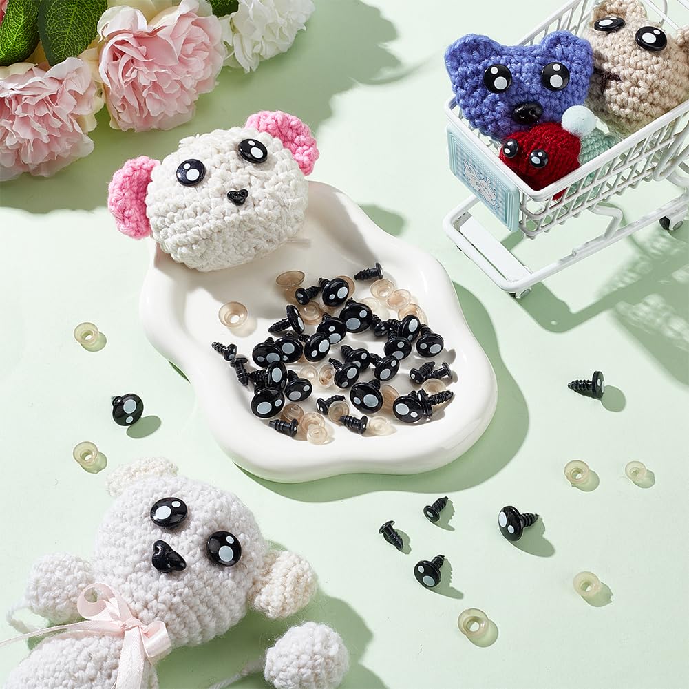 PH PandaHall 54 Set Occhi Di Sicurezza Per Amigurumi E Pupazzi, In Resina Nera Con Punto Bianco, Misure 8/12/14/16 Mm, Con Rondelle