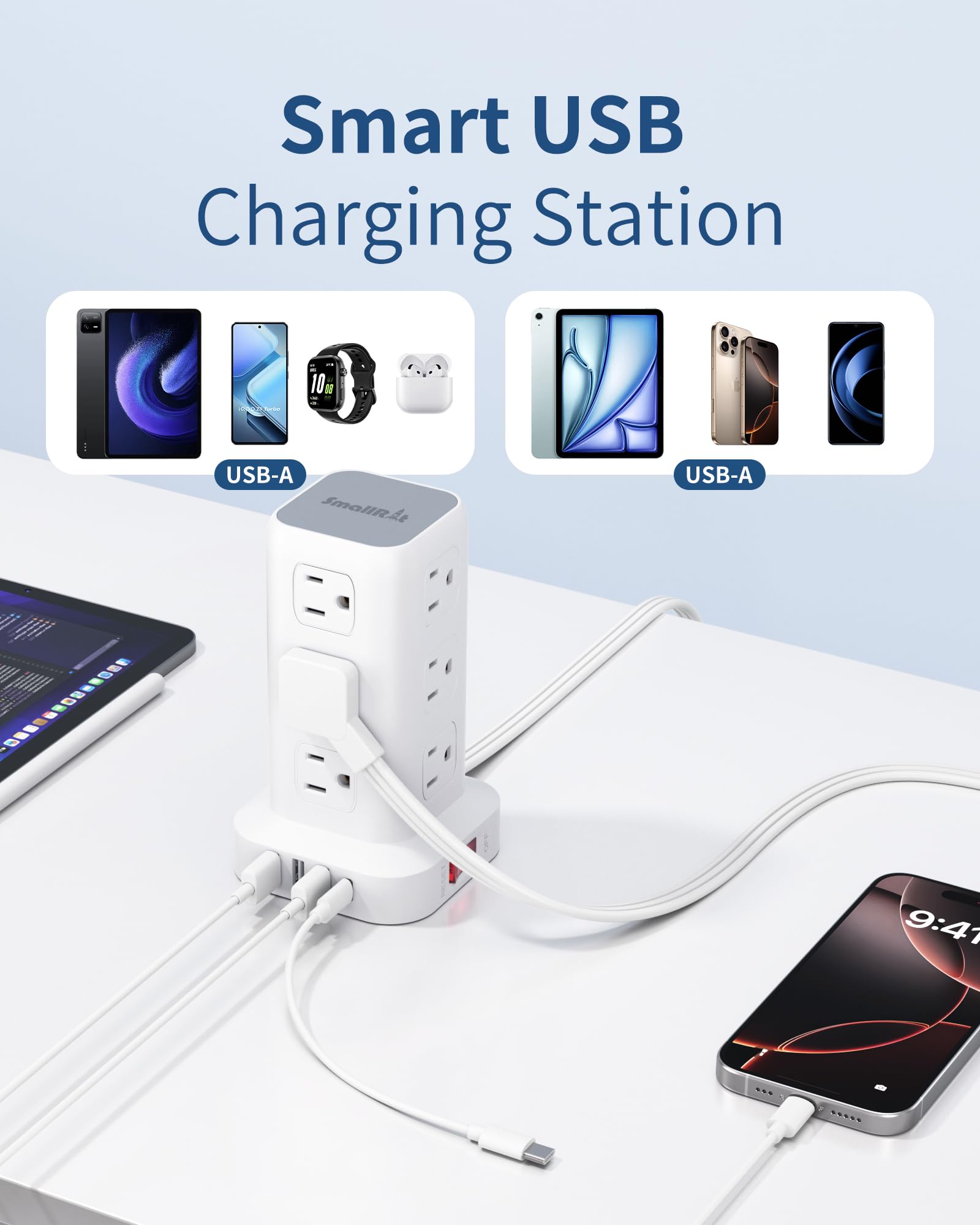 SMALLRT Steckdosenleiste mit Überspannungsschutz, 2 m, 4 USB-Anschlüsse, 12 Ausgänge, mit langem USB-Kabel, Überspannungsschutz