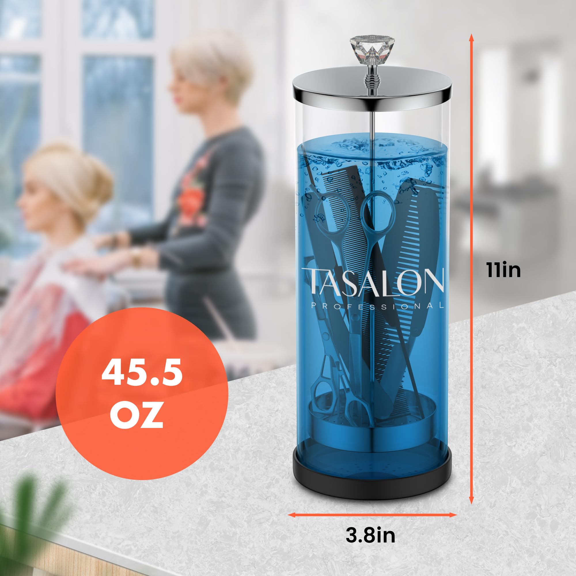 TASALON Bocal de barbier (1,3 l) avec poignée en cristal – Pot désinfectant pour salon, spa et magasin de manucure – Récipient de stérilisation en verre durable avec panier amovible en acier