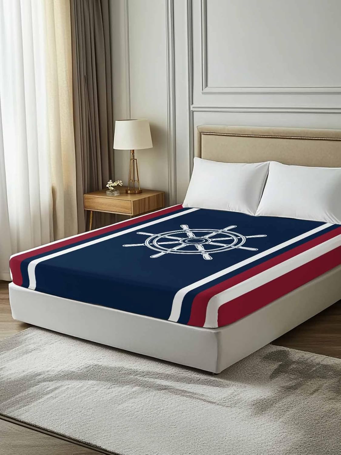 Top Sheet Full Bedding Flat Sheet Only, Medieval Nautical Ship Wheel Microfiber Bed Sheets Soft Breathable Bedding Flat Sheets, Vintage Red White Striped Hotel Luxury Top Sheets