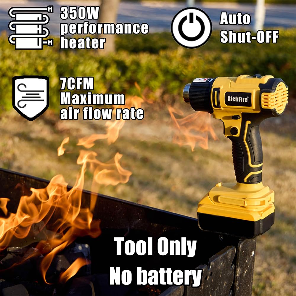 Pistola de calor inalámbrica, 350 W, 300 °C - 550 °C, calentamiento rápido, pistola de calor para batería Dewalt de 20 V, 5 boquillas para doblar tuberías, PVC retráctil, pelar pintura (solo