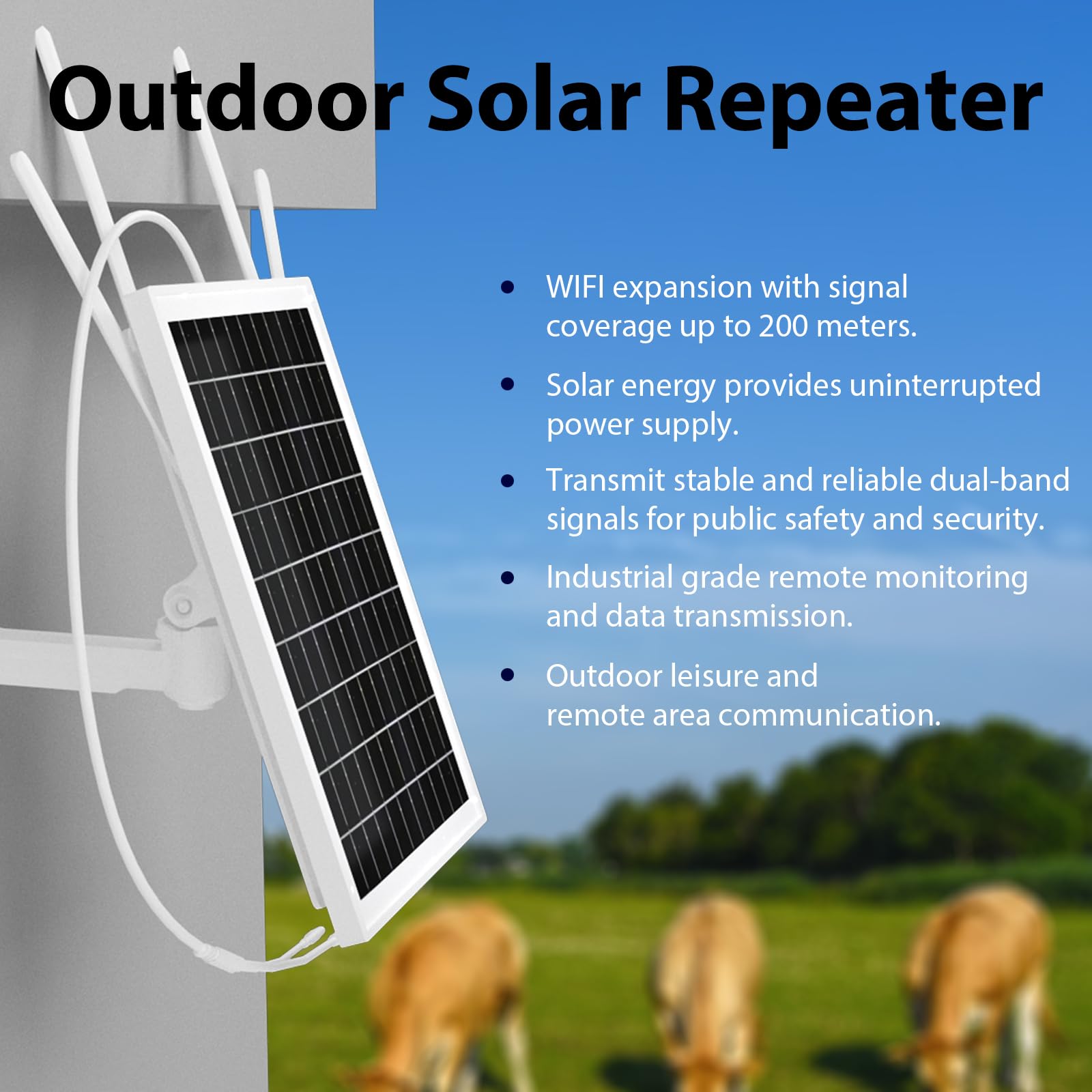 Repeteur WiFi Solaire Batterie Exterieur sans Fil, Amplificateur de Signal WiFi pour Jardin, Ferme et Ranch, Batterie Solaire d'extérieur 2,4 G Longue portée jusqu'à 100 mètres
