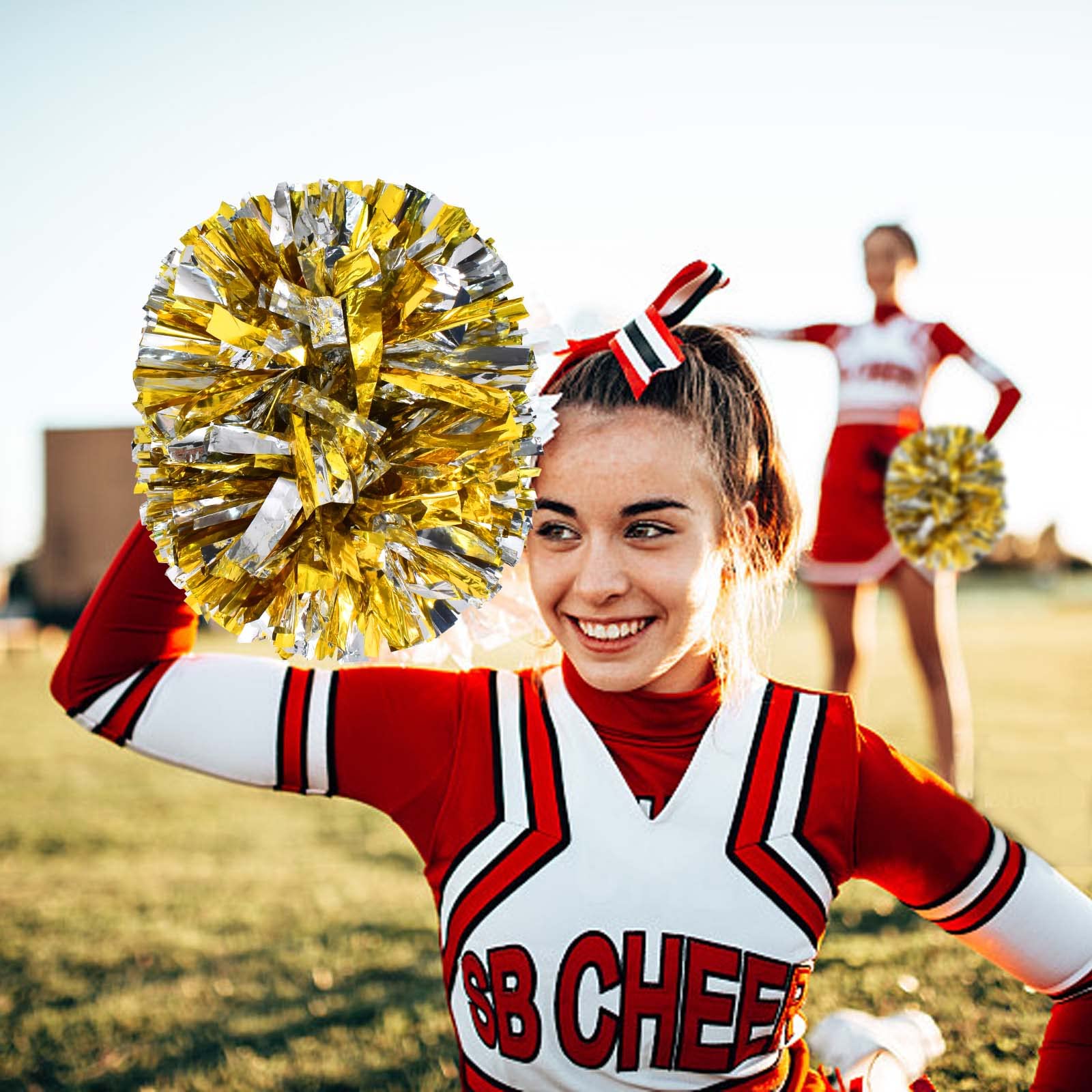 3 Stück Cheerleader Pompons, Pompoms Cheerleading Rot, Pom Poms Cheerleading, 2 Pompoms Haarband, Metallfolie Puschel für Sportveranstaltungen, Teamgeist, Aerobic-Partys