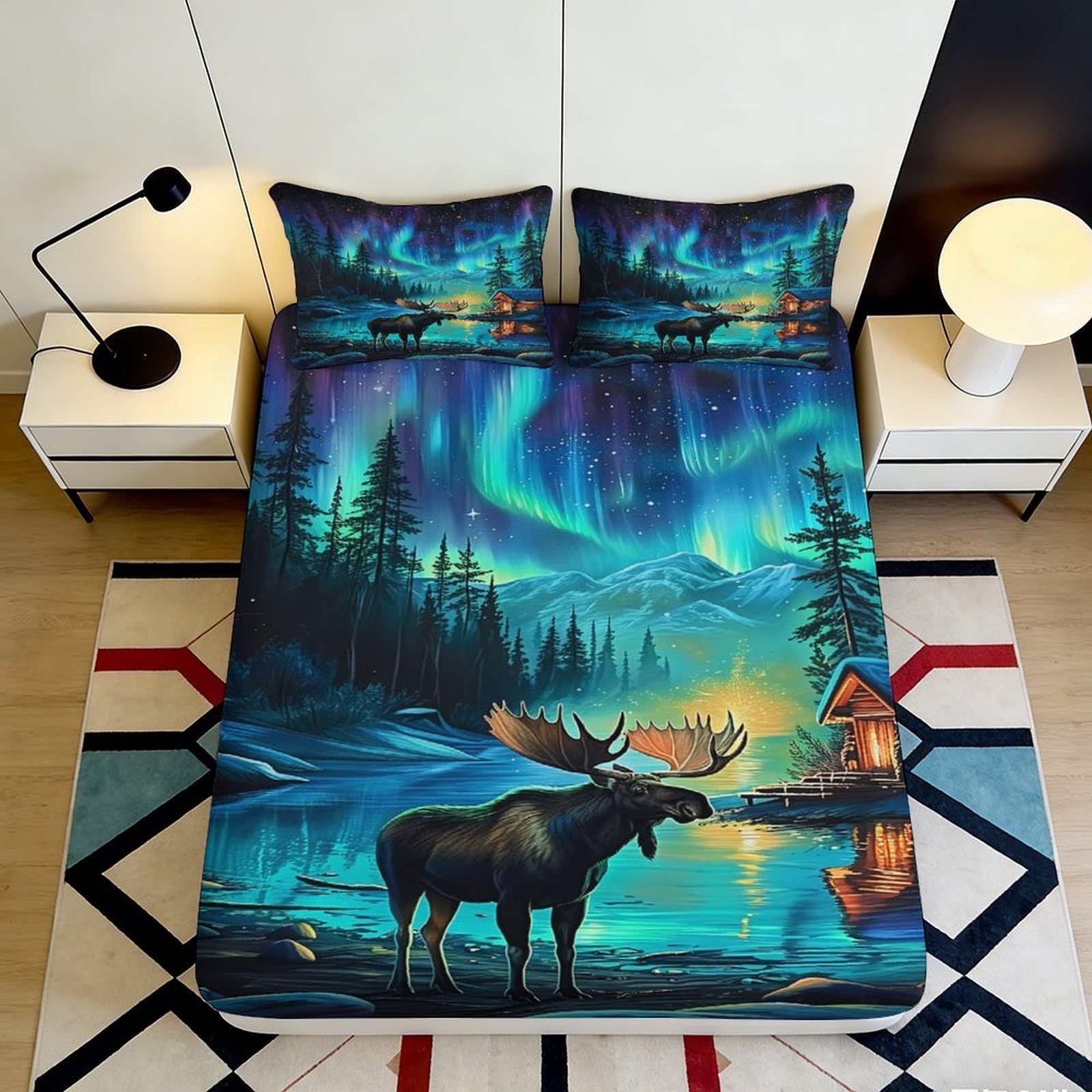 3D Printed Northern Lights Fitted Sheet Microfiber Soft Moose Lake Bed Cover for Bedroom Guest Room Decor 120x200cm 120x200x25cm