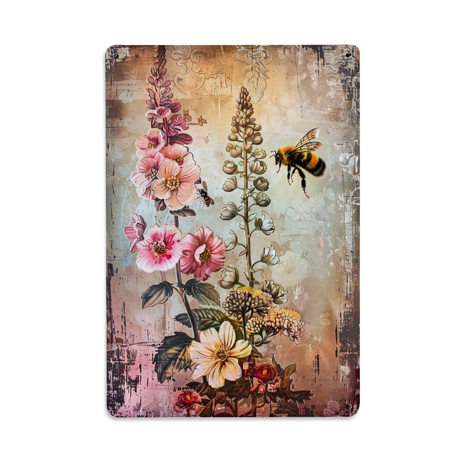 Vintage Floral Bee Botanical Print Retro Metal Tin Sign, Vintage Metal Poster for home, Gaming Room, Studio Workshop,Bar,Garage Wall Art Decor 8x12 Inch