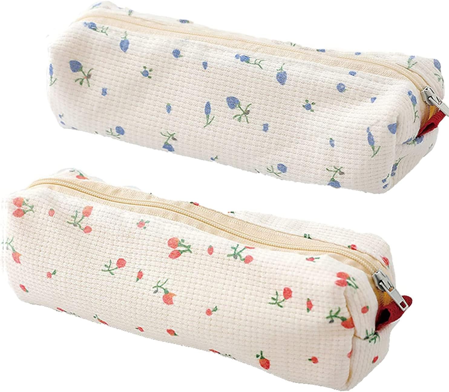 Cute Floral Pencil Case Holder Pens Pouch Bag, 2 Pack Portable Storage Case Bags Cosmetic Organization for Women(Pink and Blue)