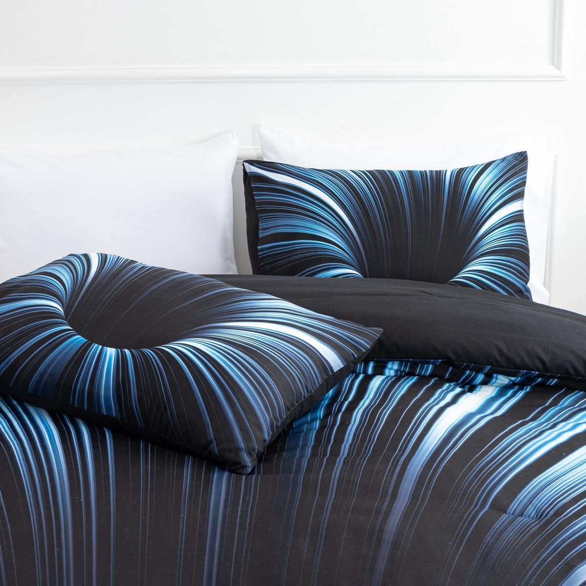 NTBED 3D Abstract Geometric Comforter Set Line Printed Microfiber Bedding Sets for Kids,Blue Queen