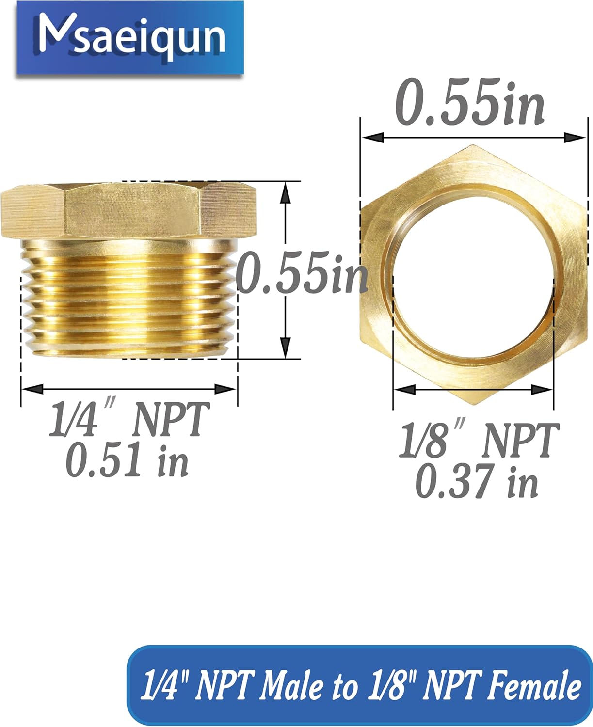 Brass Reducer Hex Bushing Threaded Pipe Fitting 1/4" NPT Male x 1/8" NPT Female Bushing 1/4 to 1/8 Adapter (1/4 NPT Male x 1/8 NPT Female, brass, 10)