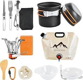 Kit Casserole Camping Popote Bivouac de Camping Ustensiles de Cuisine de Camping Kit Vaisselle Camping en Aluminium Portable avec Rechaud Poêlé Bol pour Pique-Nique Bivouac Randonnée 1-2 Personnes