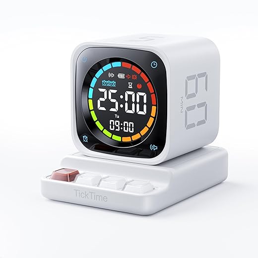 TK3 Pomodoro Timer Cube, Desk Productivity Timer with 5/10/30/60 Min Presets, Custom Countdown, Stopwatch, Clock, 3 Alarm, Silent, Vibrate & Sound Alert, for Task, ADHD, Study, Kitchen, White