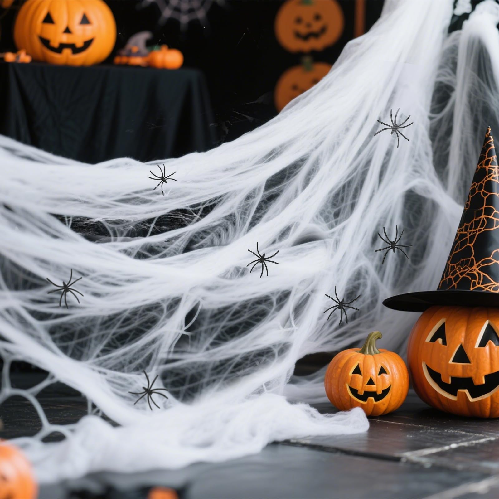 Set di decorazioni per Halloween, 100 g, motivo ragnatela estensibile, per Halloween, con 30 ragni artificiali per interni ed esterni, giardino, porta, camino, decorazione casa infestata, scena