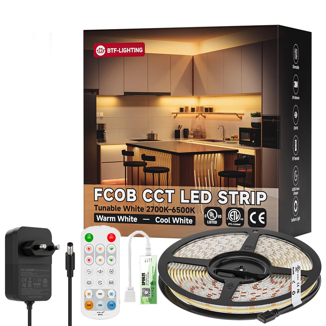 BTF-LIGHTING Zestaw taśmy LED FCOB COB CCT 2700K-6500K 10m 624LEDs/m | Zawiera sterownik SP662E i źródło 24V, 640LED/m o wysokiej gęstości do równomiernego oświetlenia w kuchni i pod szafką