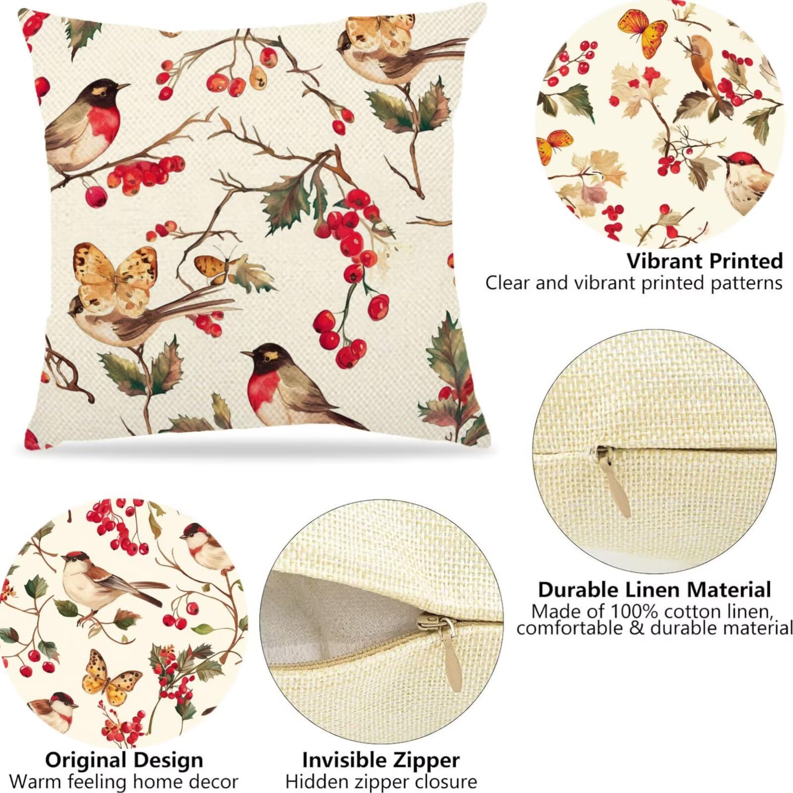 Cojines Para Exterior 60x60cm Juego de 4 PáJaro, Cereza Cojines Decorativos Fundas Cojin Lavables Poliéster Lino Textil Cojin Exterior Impermeable, Para La Decoración Sofás Jardín Silla Dormitorio F-5