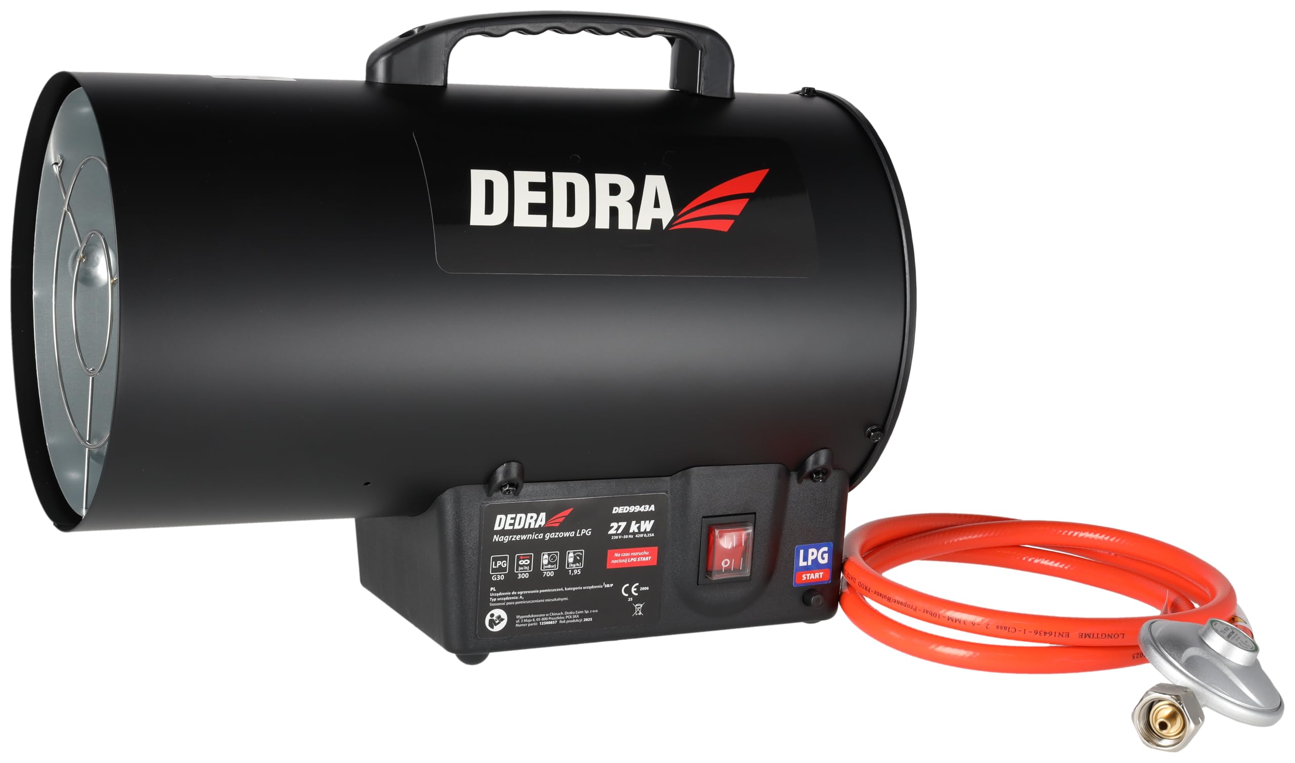 Dmuchawa gazowa 27 kW DEDRA DED9943ADE 300 m³/h, elektryczny zapłon piezoelektryczny, zakres temperatury roboczej: 20–50°C, wbudowany wentylator, systemy bezpieczeństwa, mobilna i ergonomiczna