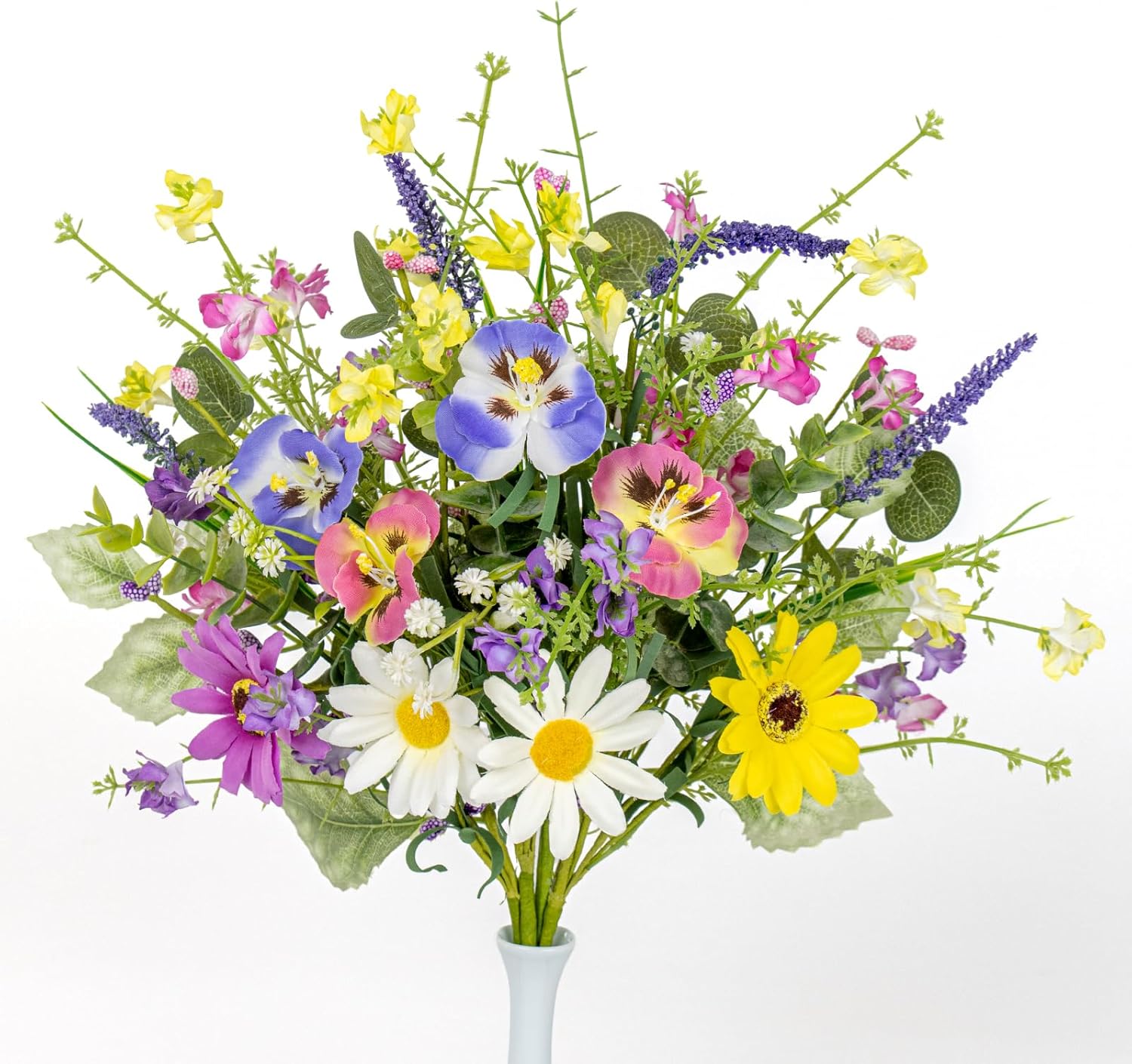 MagicWreath 17 Inch Artificial Spring Flowers - Colorful Daisy, Pansy, Lavender Stems for Easter Indoor Outdoor Decor (4 Pack)