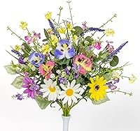 MagicWreath 17 Inch Artificial Spring Flowers - Colorful Daisy, Pansy, Lavender Stems for Easter Indoor Outdoor Decor (4 Pack)