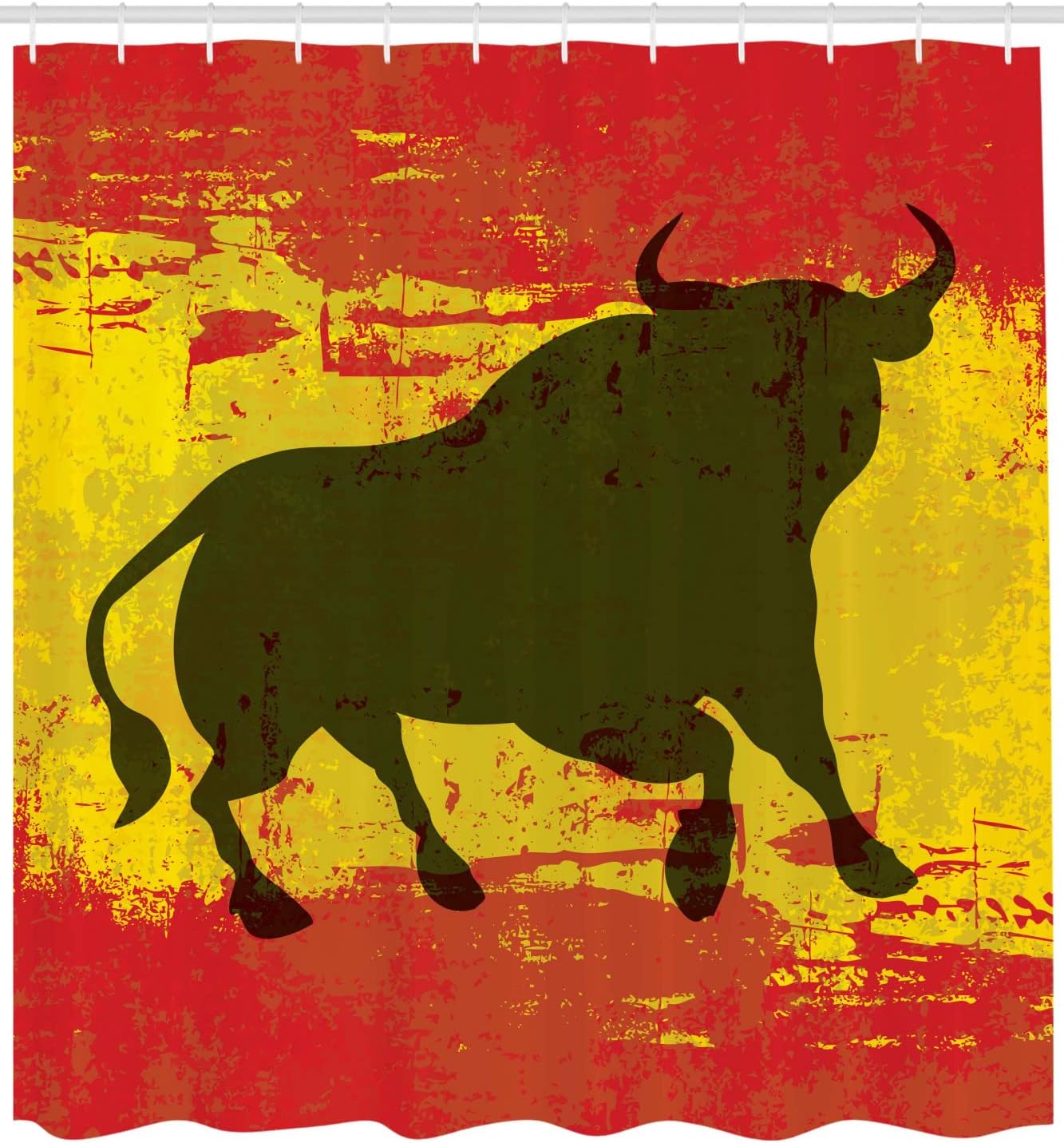 Ambesonne Spanish Shower Curtain, Bull Silhouette on Spanish Flag Grunge National Elements Paint Stains, Cloth Fabric Bathroom Decor Set with Hooks, 69" W x 70" L, Vermilion Yellow Umber