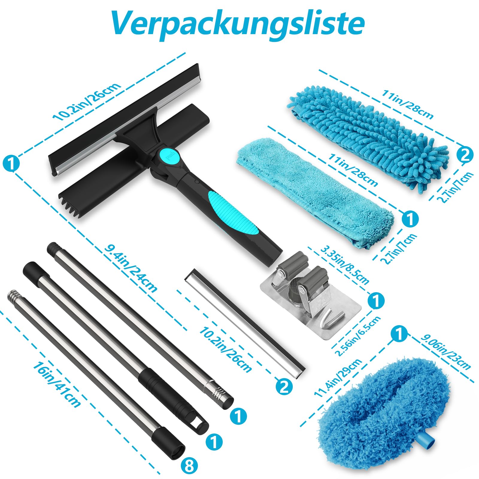 4 w 1 Teleskopowy zestaw wycieraczek do szyb, 24 cm ~ 390 cm Zestaw do mycia szyb z dodatkowo długą rękojeścią, 1 pyłkozbieraczem, 3 szczotkami z mikrofibry i 2 gumowymi skrobaczkami do wysokich szyb