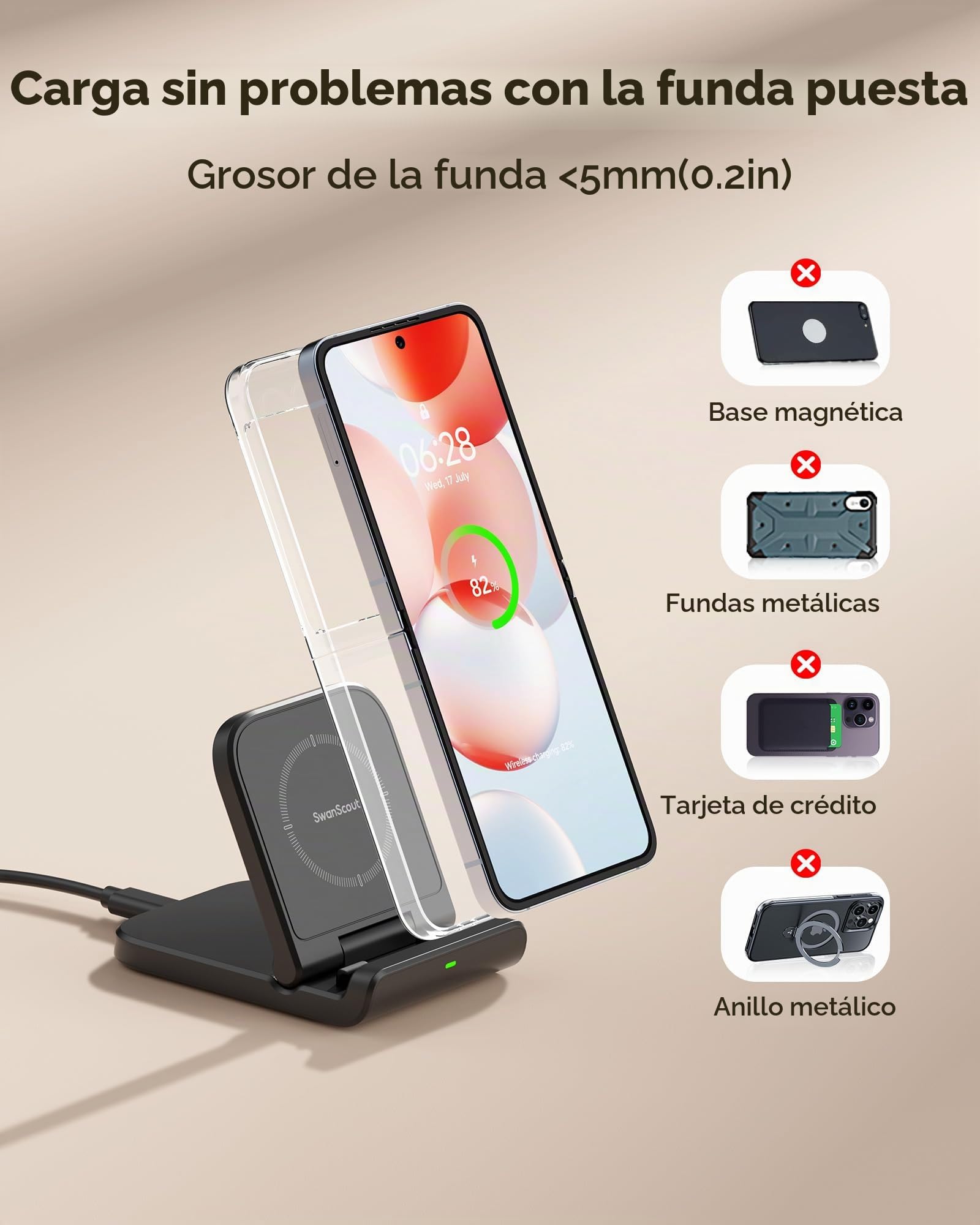 Cargador inalámbrico para Samsung Z Flip7 (Paquete de 2), Cargador Plegable para Galaxy Z Flip7 FE/ 6/5/4/3, estación de Carga inalámbrica para la Z Flip/Moto Razr50, SwanScout 501S (sin Adaptador)