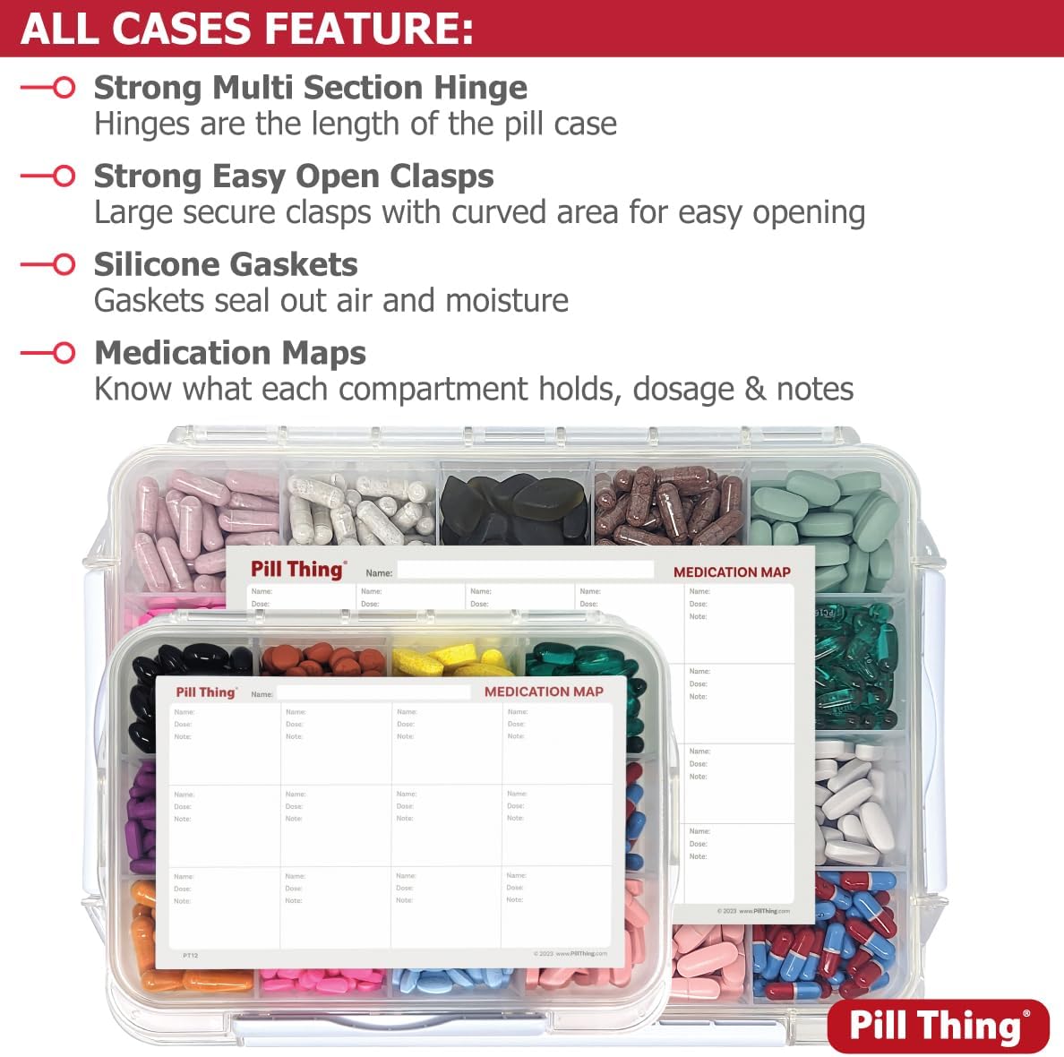 20 Compartment Large Pill Case with Airtight Seal - Silicone Gasket Waterproof Med Box with Medication Map (Combo Pack - 20 & 12)