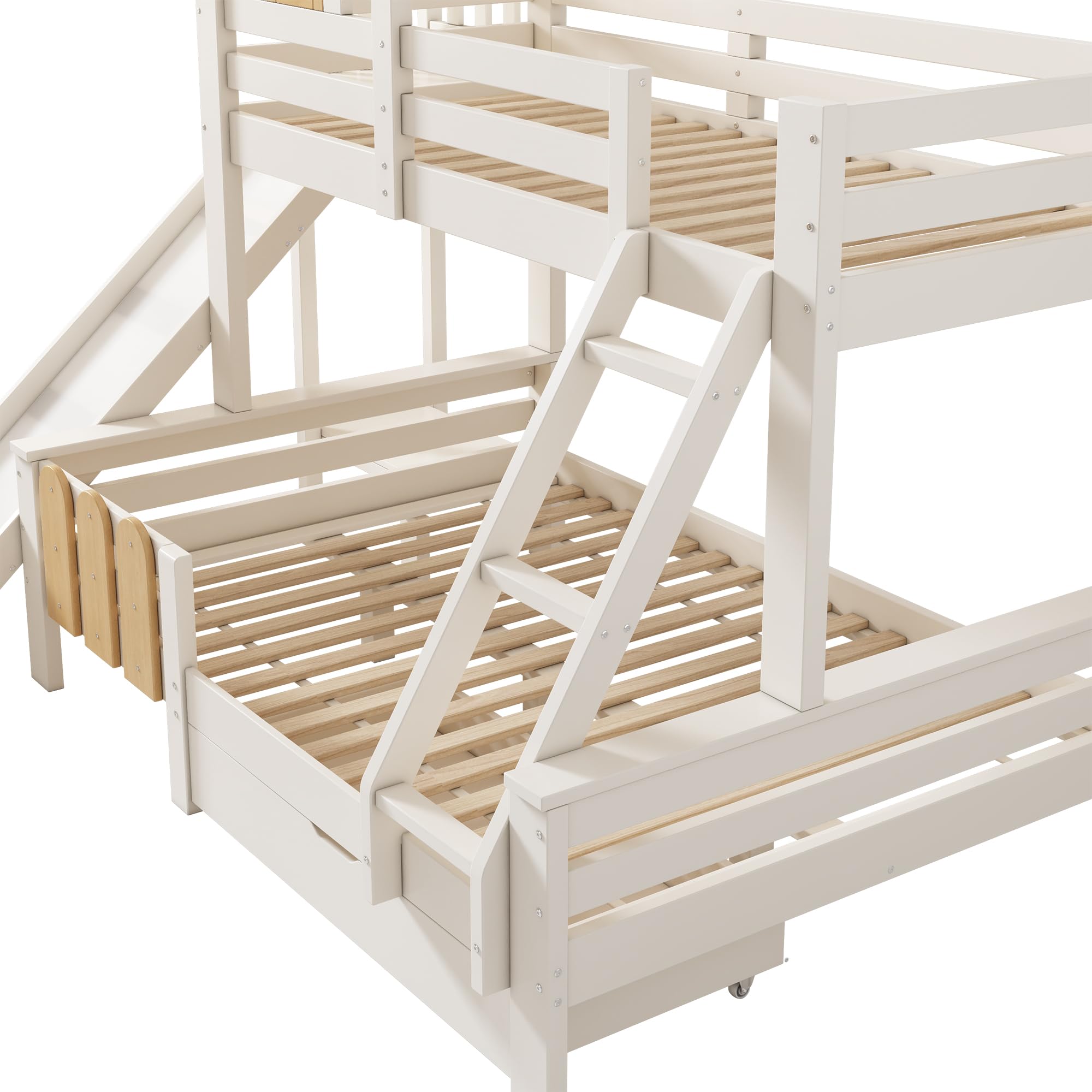 Letto a Castello 90x200 e 140x200cm con Rete a doghe, Letto Matrimoniale con Cassetto, Scivolo e Scaletta, letto a Soppalco per Bambini, a Forma di Casa, Struttura in Legno Massiccio(senza materasso)