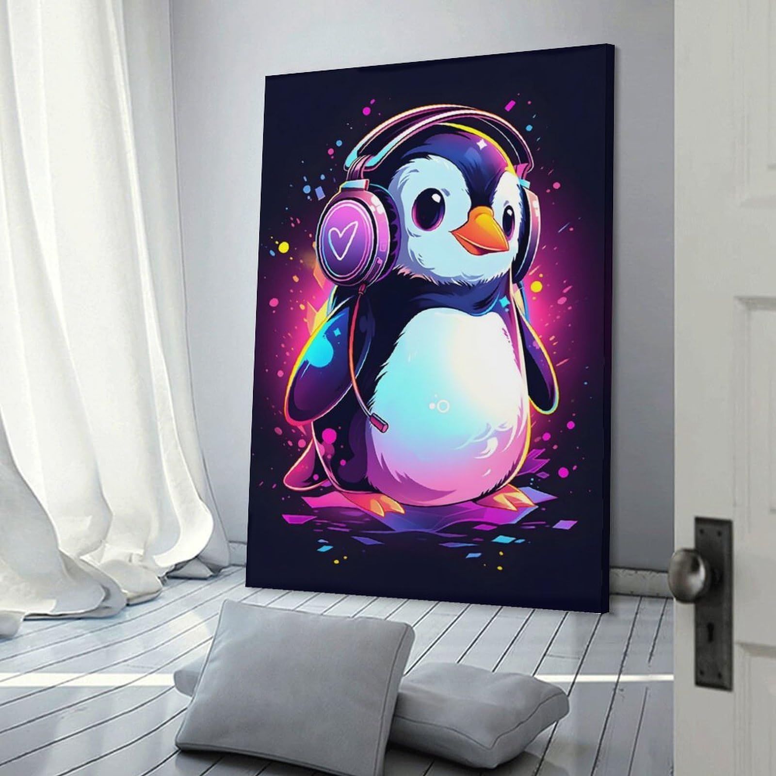 Junmoney Frame-Penguin Music Penguin Music Canvas Art Print 24X36inch(60X90cm), For Calm Bedrooms, Home Corners Or Flats, An Easy Wall Refresh For Bedrooms