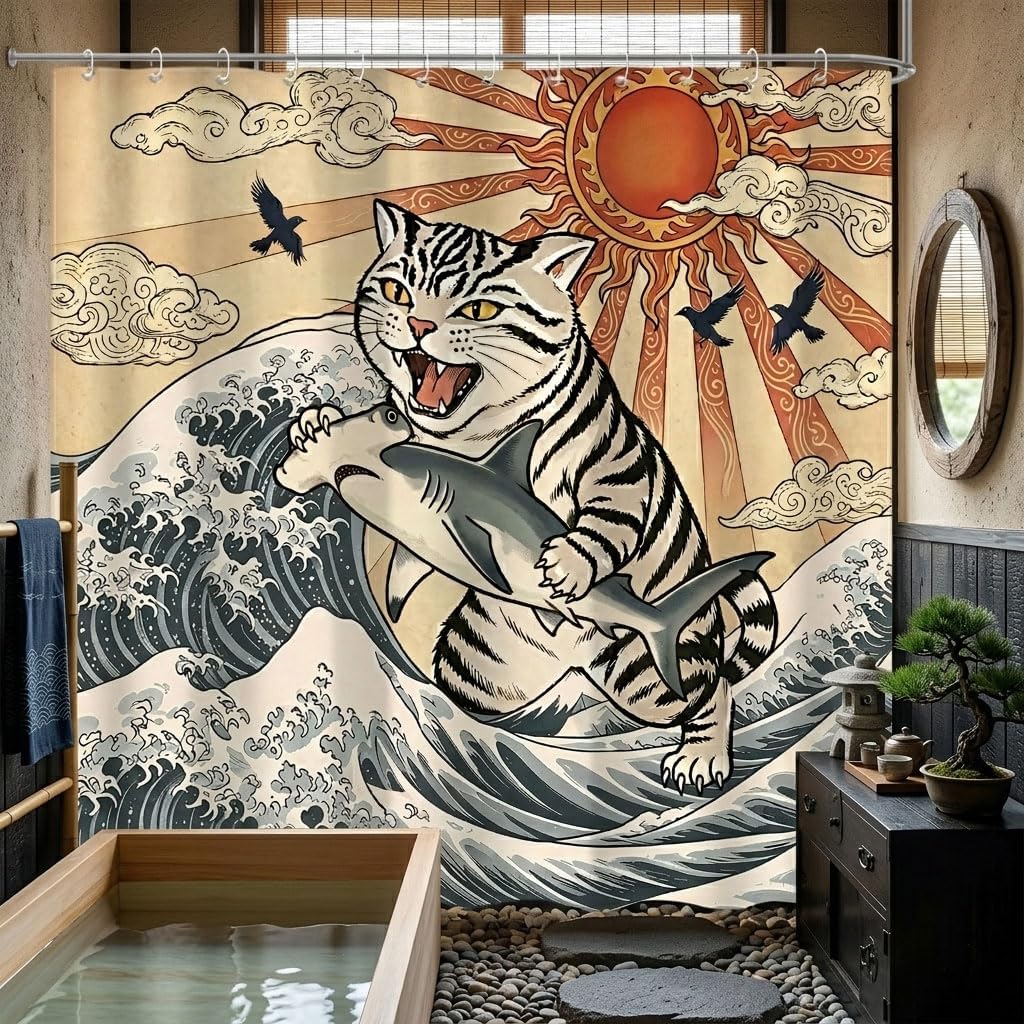 Japanese Funny Cat Catching Shark Shower Curtain, Anime Sunset Vintage Tale Great Wave Fabric Shower Curtain for Bathroom, Ukiyo-e Art Style Ocean Cool Animal Bath Curtain Set with Hooks 72x72In image 3