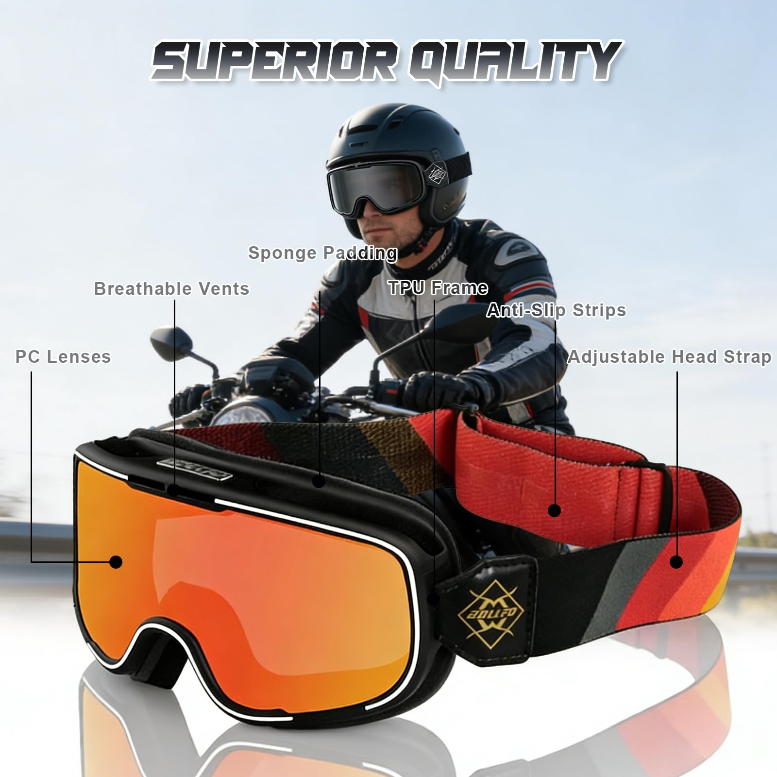 Occhiali Motocross Fotocromatici,Occhiali da Sci con Protezione UV e Cinturina Regolabile Antiscivolo,Lenti Auto-Oscuranti per Comfort Tutto il Giorno