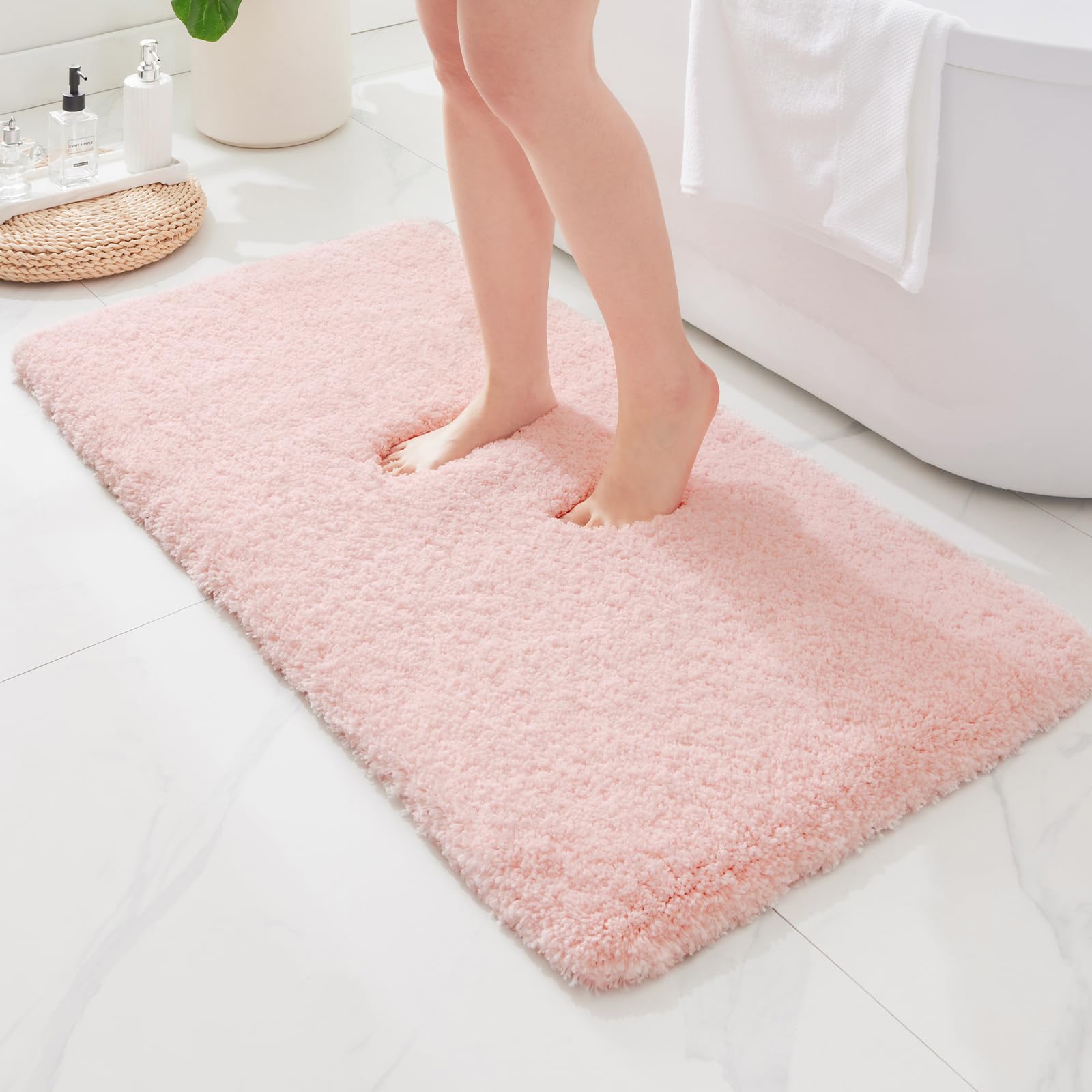 ILANGO Pink Christmas Bathroom Rugs 60" × 24" Non Slip & Super Absorbent Extra Thick Soft, Washable Bath Carpet Runner for Floor, Microfiber Plush