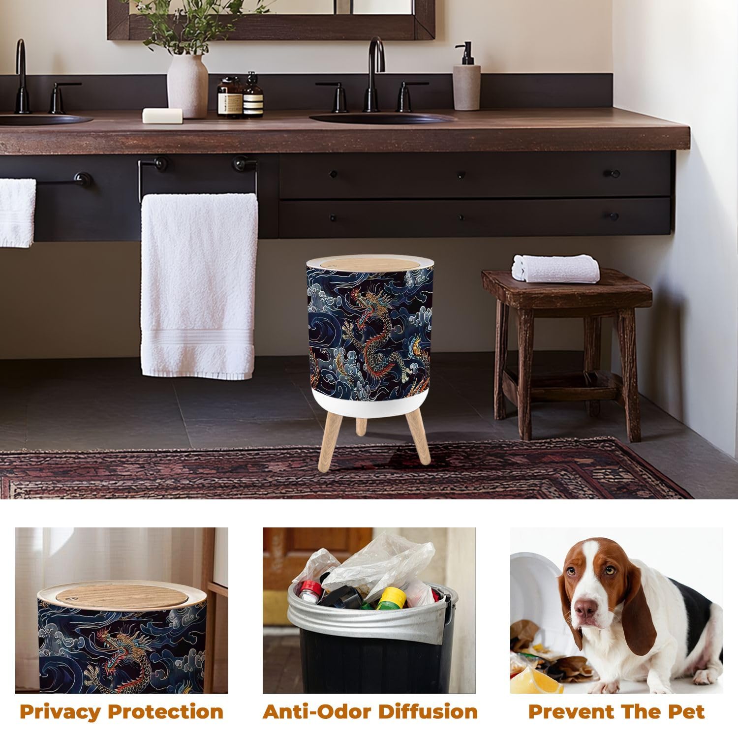 Trash Can with Lid Classical embroidery asian sea dragons sea seamless pattern Clothes Garbage Can Round Waste Bin Press Cover Dog Proof Wastebasket for Kitchen Bathroom Living Room Nursery 1.8gal