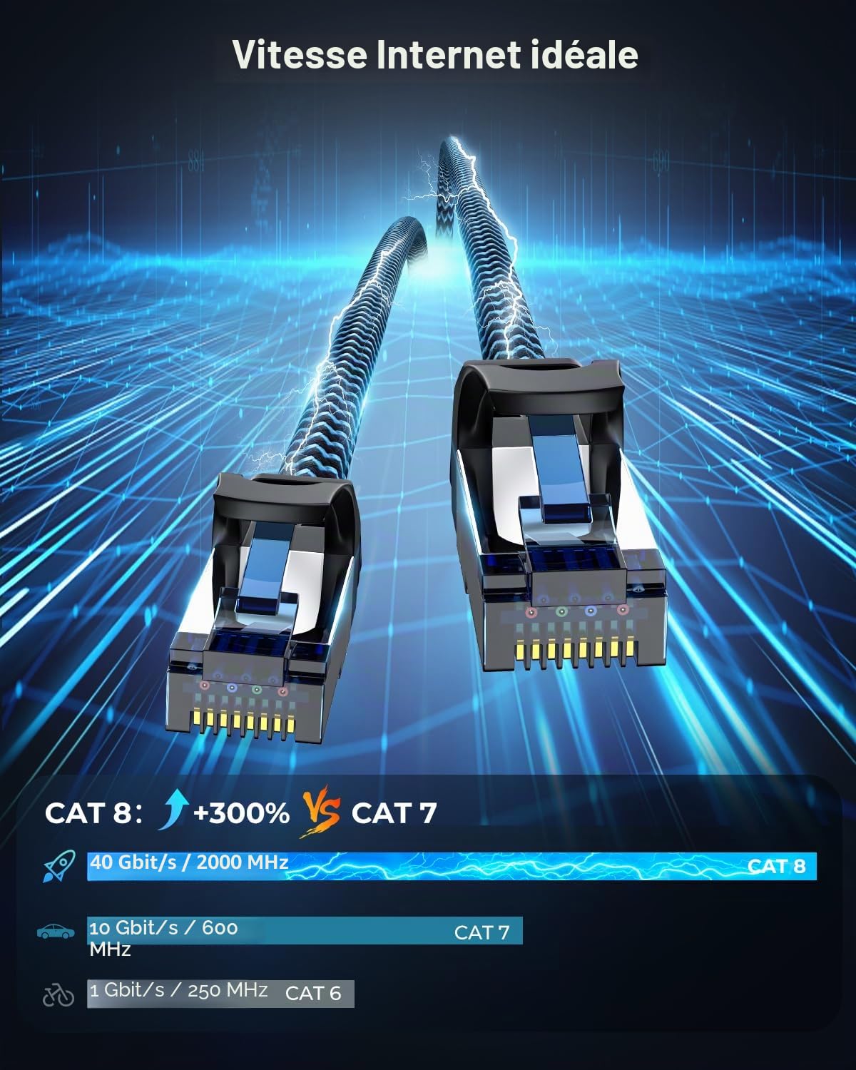 Câble Ethernet Cat 8 3 m 10 Pièces, Réseau RJ45 40Gbps 2000MHz | Cable Ethernet Haut Débit Nylon Tressé Double Blindage Rallonge Ethernet Cat 8 Compatible avec Routeur Modem Décodeur TV