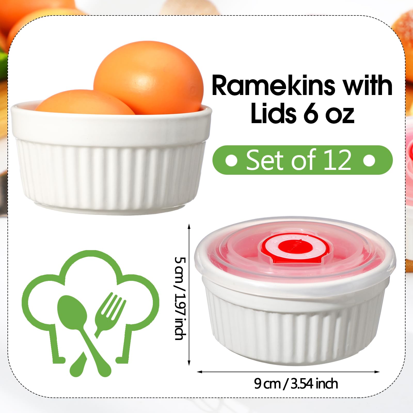 Paquete de 12 ramequines blancos de 6 onzas con tapas, porcelana apta | Cuencos de cerámica para crema brulee, natillas, pudín, platos blancos apilables, aptos para lavavajillas, para hornear