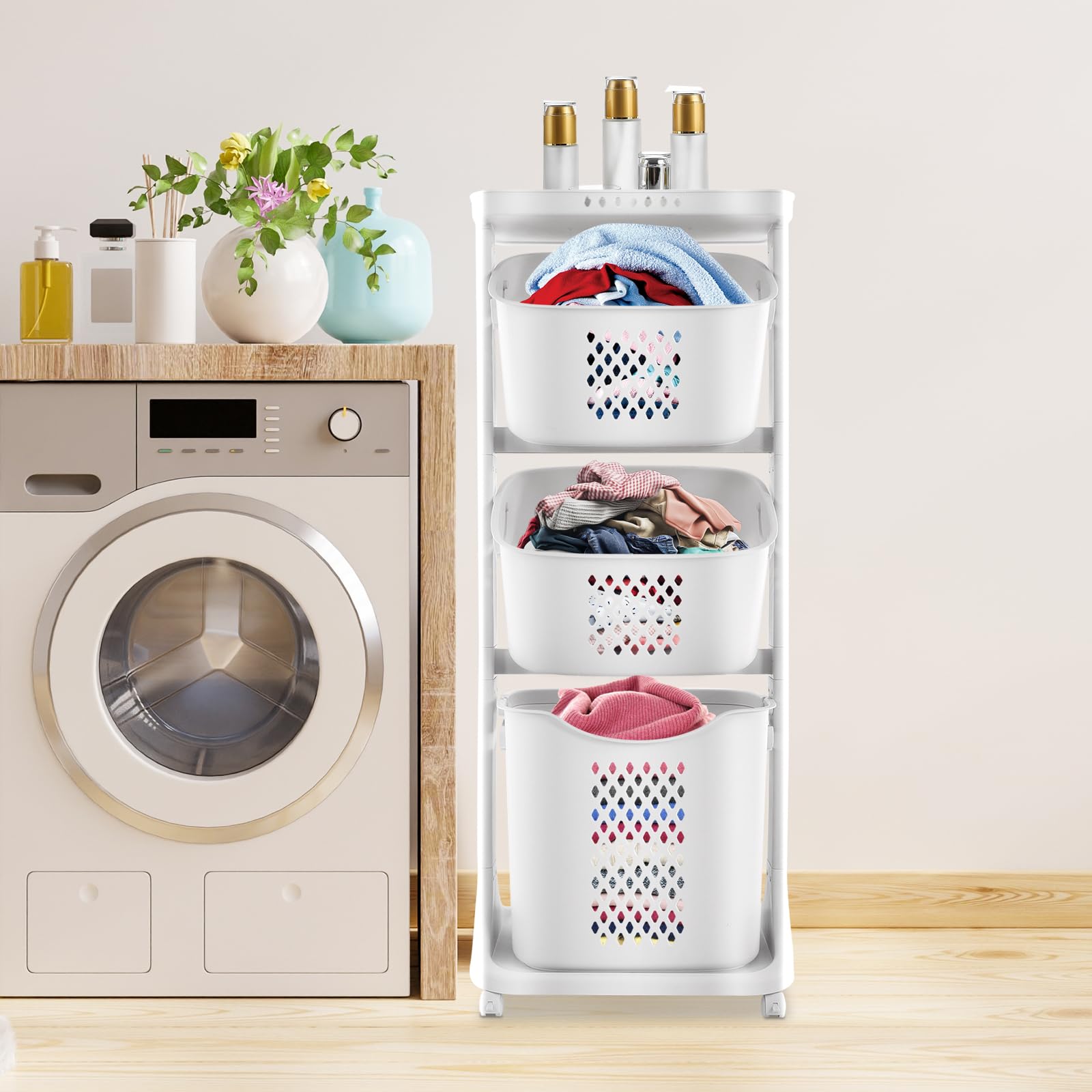Cesto para la colada con ruedas 43 x 33 x 109 cm con 3 cestas extraíbles, clasificador de ropa con estante y 2 frenos de estacionamiento, color blanco