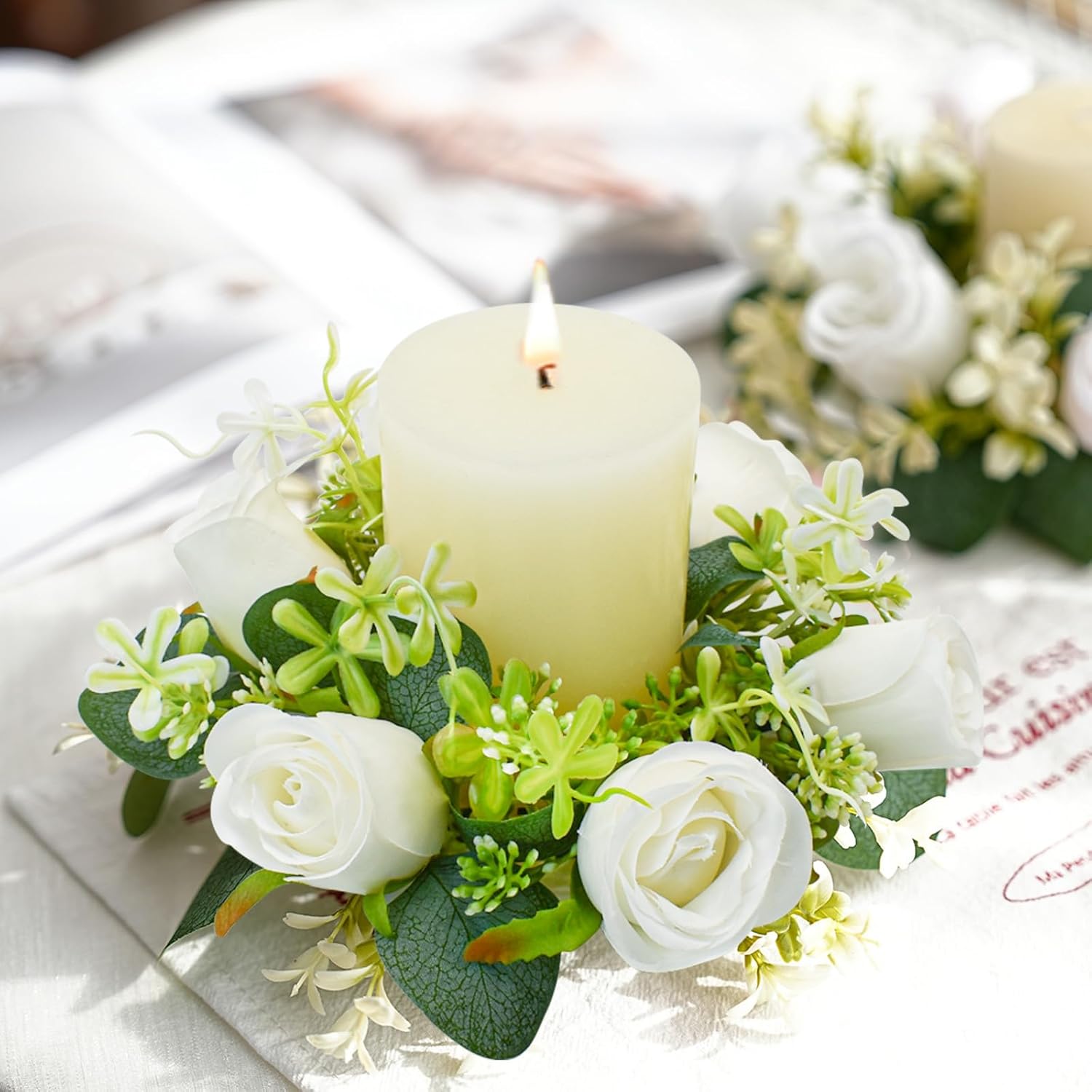 Small Candle Rings Wreaths 4Pcs White Rose Artificial Flowers Mini Christmas Wreath for Wedding Kitchen Table Home Decor (White)