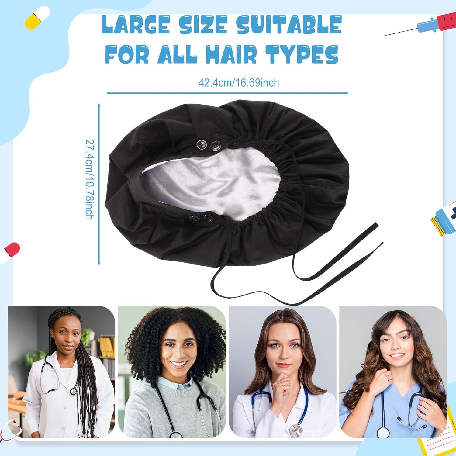 6 Pcs Extra Large Satin Lined Scrub Caps for Women Long Hair Nurse Surgical Hat with Button Working Adjustable - Image 3