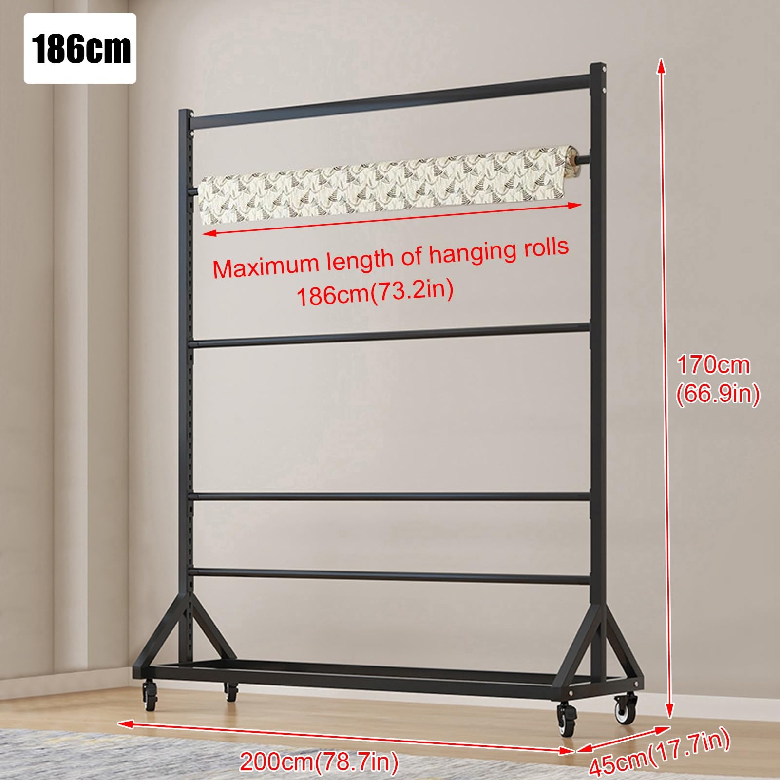 Commercial Vinyl Rolls Storage Rack with 4 Hanging Rod, Movable Heavy Duty Steel Organiser Holder with Wheels for Textile Fabric/Leather Rolls/Window Film/Wire Spool/Wrapping Paper Displays(186cm(73.2