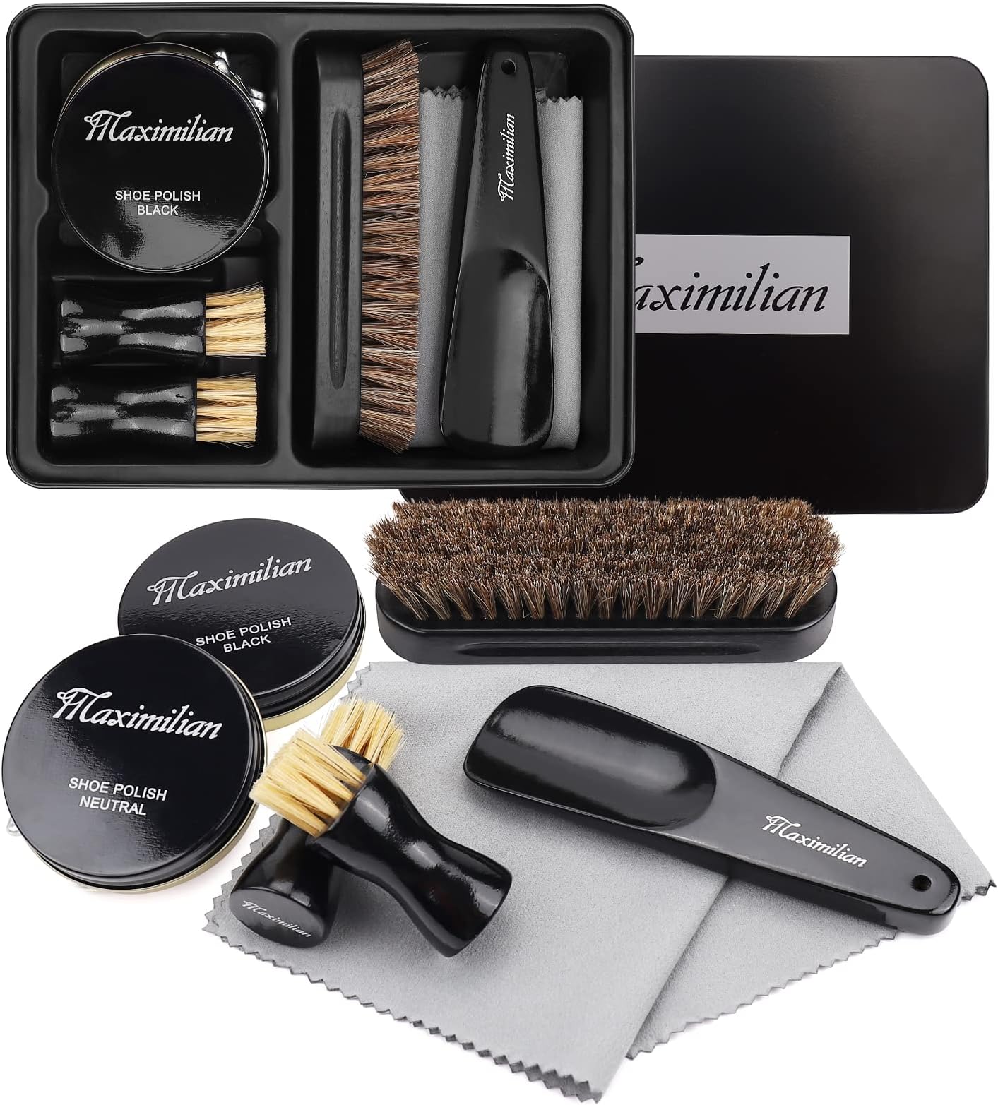 Deluxe Business Leather Shoe Shine Kit | Premium Shoe Polishing Kit Gift Box. 2 Shoe Polish Applicator Brush, 100% Horsehair Brush, Black & Neutral Polish (40g), Shoehorn, Buffing/Shining Cloth.