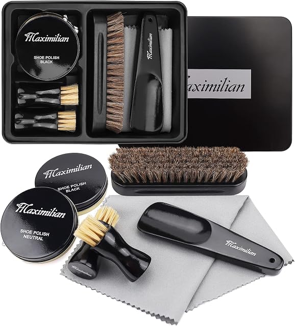 MAXIMILIAN Shoe Polish Kit,Shoe Shine kit With Black Polish and Neutral Polish, 2 Polish Applicator Brush, Soft Horsehair Brush,Shoehorn, Cloth