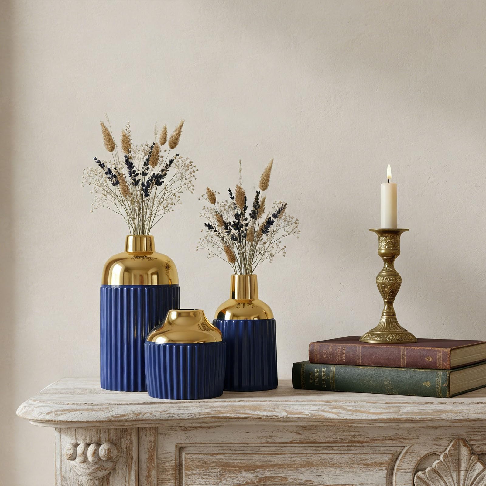 Juego de 3 jarrones de cerámica Dorada para decoración del hogar — Jarrones Decorativos Modernos para Flores, Hierba de la Pampa y eucalipto (Azul)