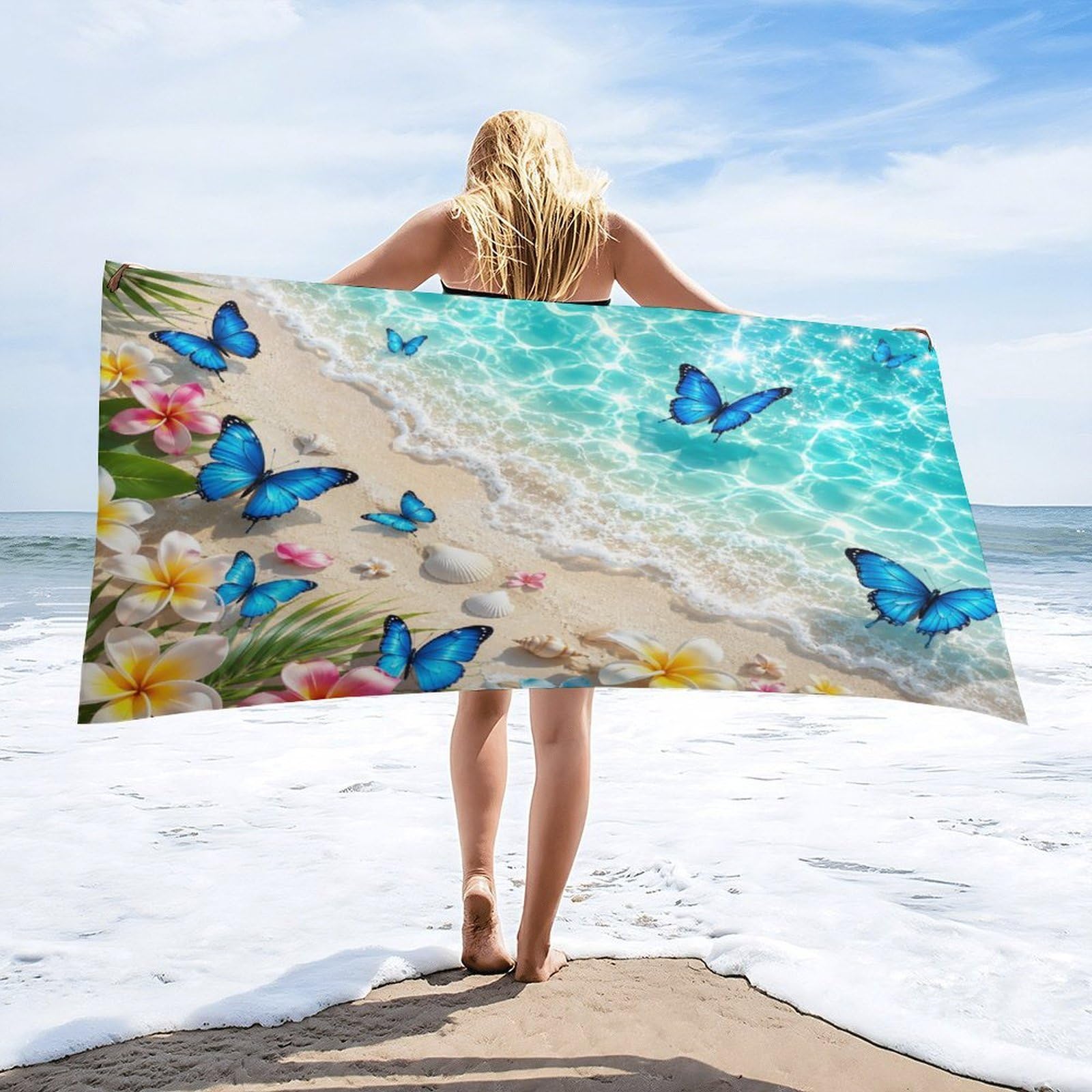 Anceky Tropical Beach Butterflies Flowers Seashells Beach Towel 30"×60",Soft Microfiber Bath Towel Shawl, Quick Dry Absorbent Pool Spa Gym Shower Towel
