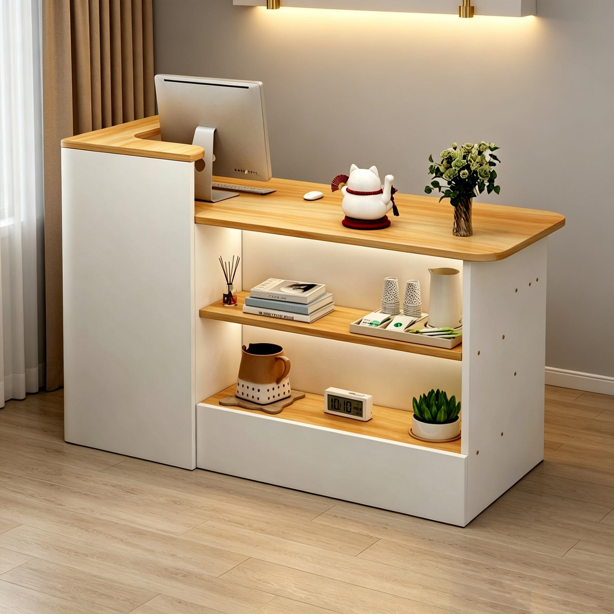 Mostrador de recepción con cajón y estantes Abiertos con Esquinas Redondeadas for Oficina, salón, Tienda y cafetería(Beige-Right,120cm)