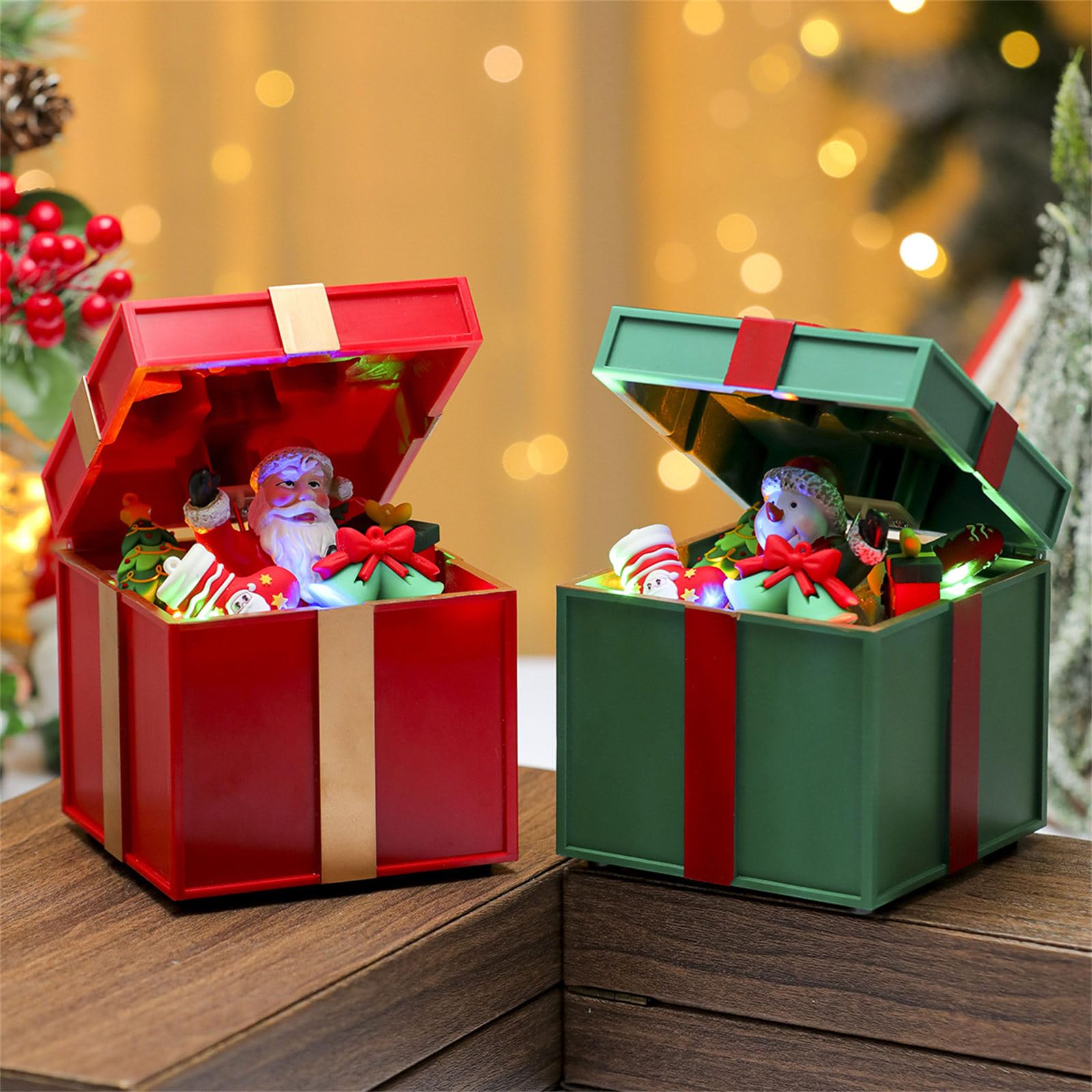 Cajas de regalo musicales LED para reproducción de canciones de Navidad, materiales inastillables, dos opciones de poder, decoración del hogar, fiesta, decoración de vacaciones, cajas de