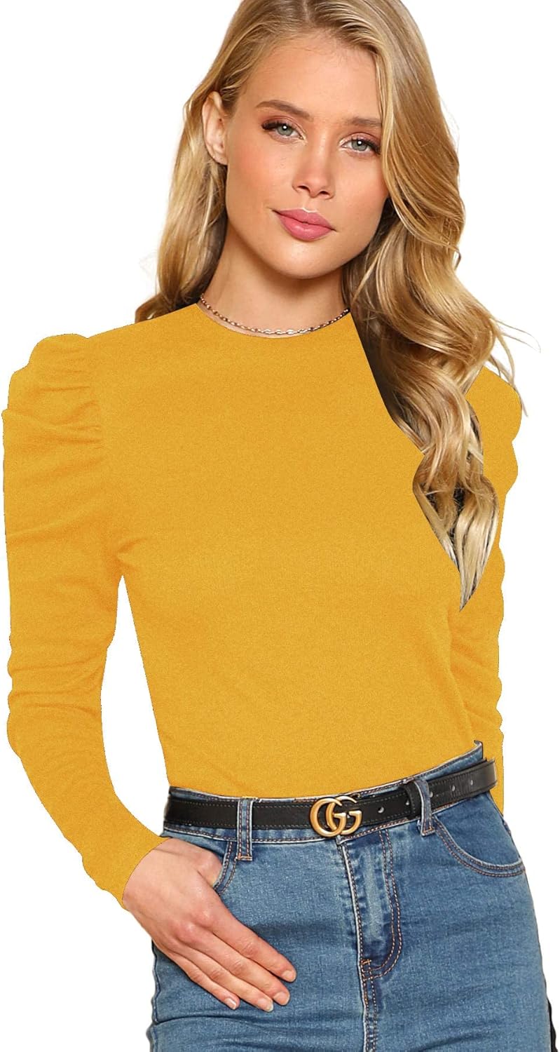 Floerns Women's Solid Puff Sleeve Crew Neck Casual T Shirt Top Medium Yellow a