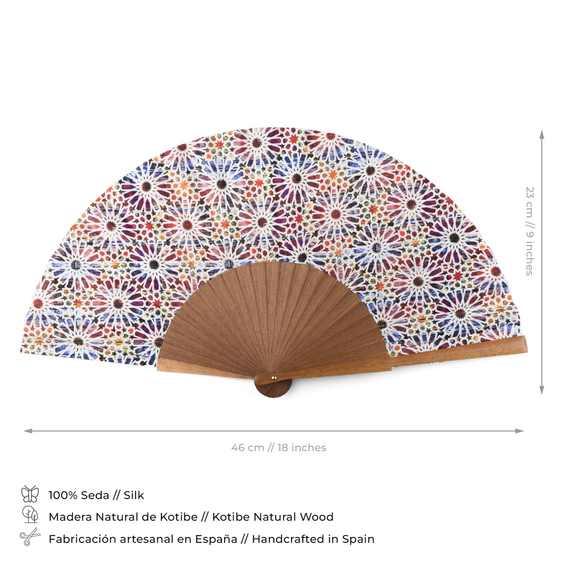 Spanischer Fächer aus Holz und Seide, faltbar | handgefertigt in Valencia | Original Andaluz Farbdruck | Samtbezug | originelles und handwerkliches Geschenk | Mosaik-Kollektion