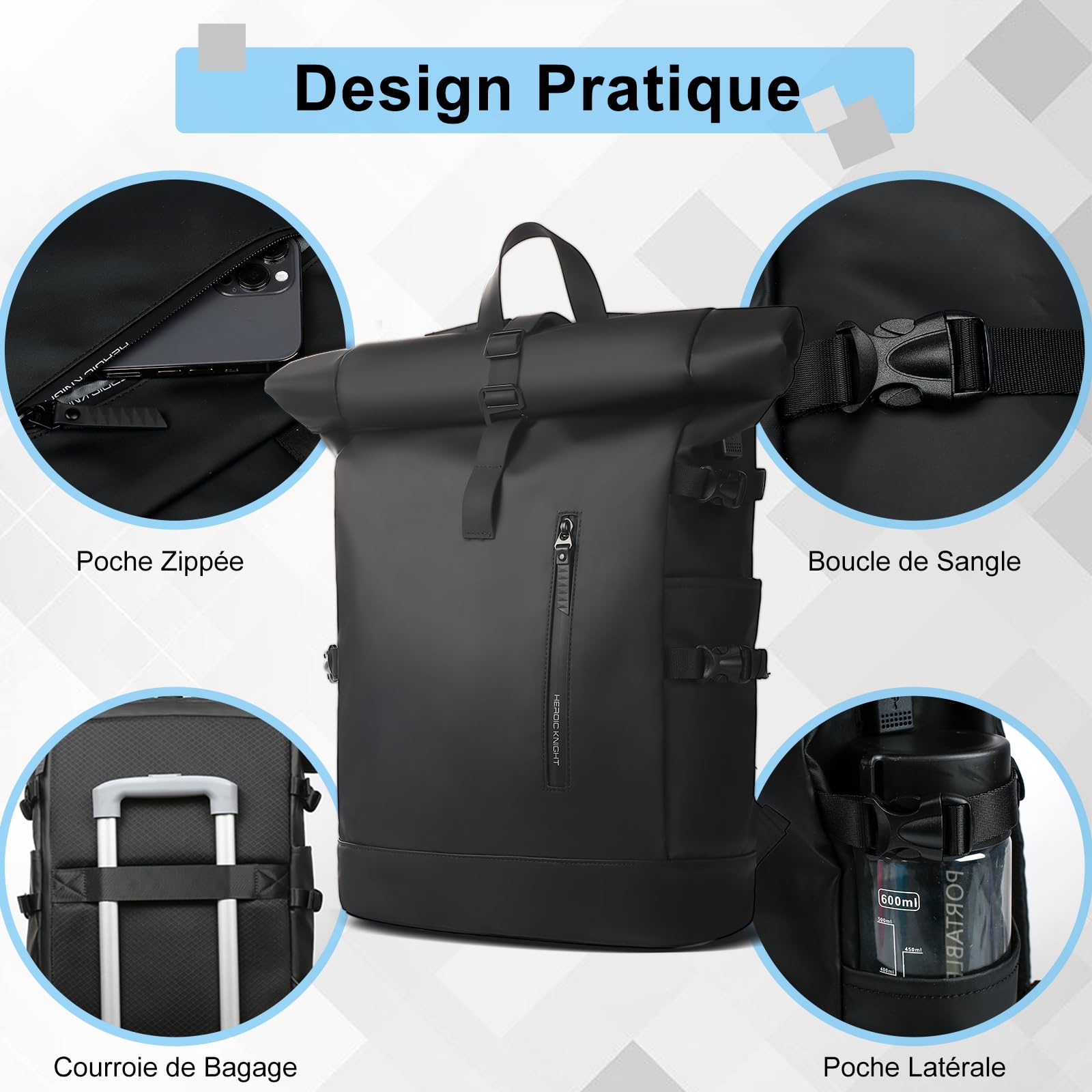 hk Sac a Dos Extensible 27L Sac Roll-Top Etanche Grand Sac a Dos PC Portable 15.6 Pouces avec USB Charging Port Pour Hommes Femmes Loisir Randonnée Camping Voyage