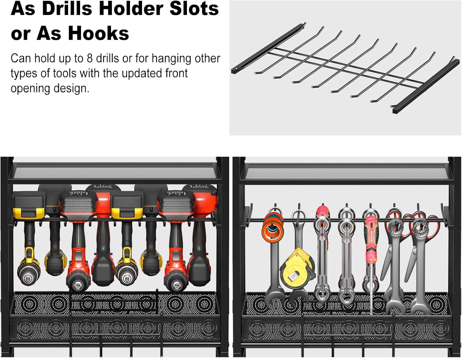 JUNNUJ Power Tool Organizer Floor Stand with Charging Station, Garage Adjustable Storage Rack Utility Tool Shelf with 8 Outlet Power Strip, Heavy Duty Drill and Battery Holder, Black