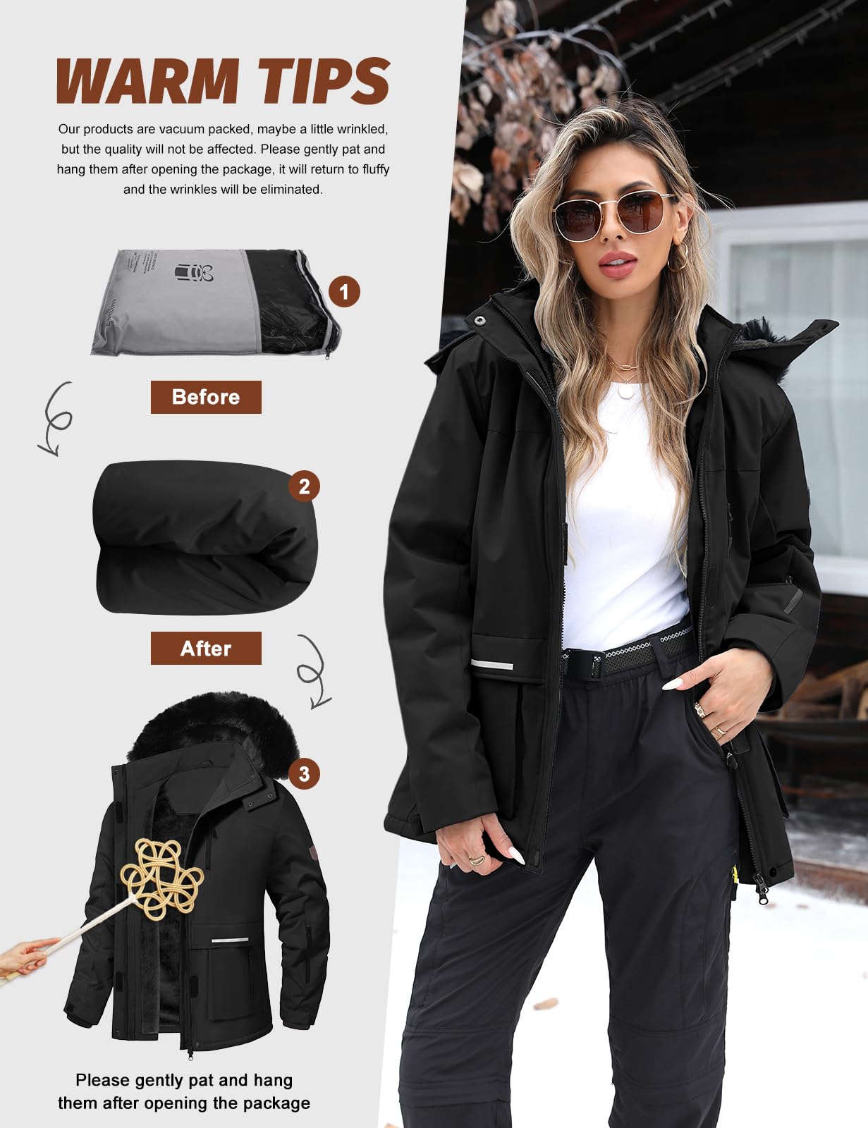 CMTOP Veste Ski Imperméable Femme Manteau Chaude D'hiver Montagne Veste Polaire Coupe-vent L'extérieur Blouson Randonnée avec Capuche Amovible